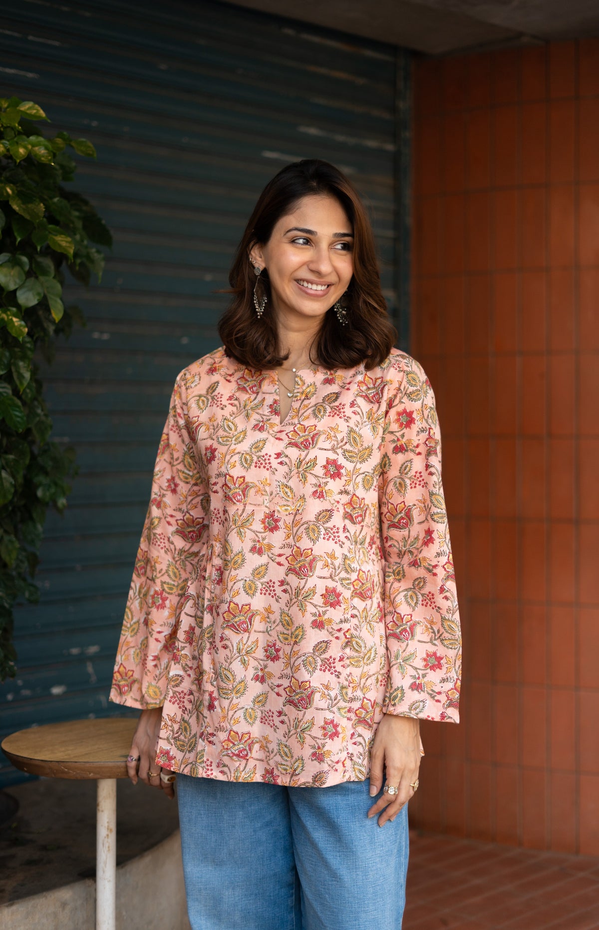 Jaipuri Peach Blossom Bell Sleeves Cotton Short Top