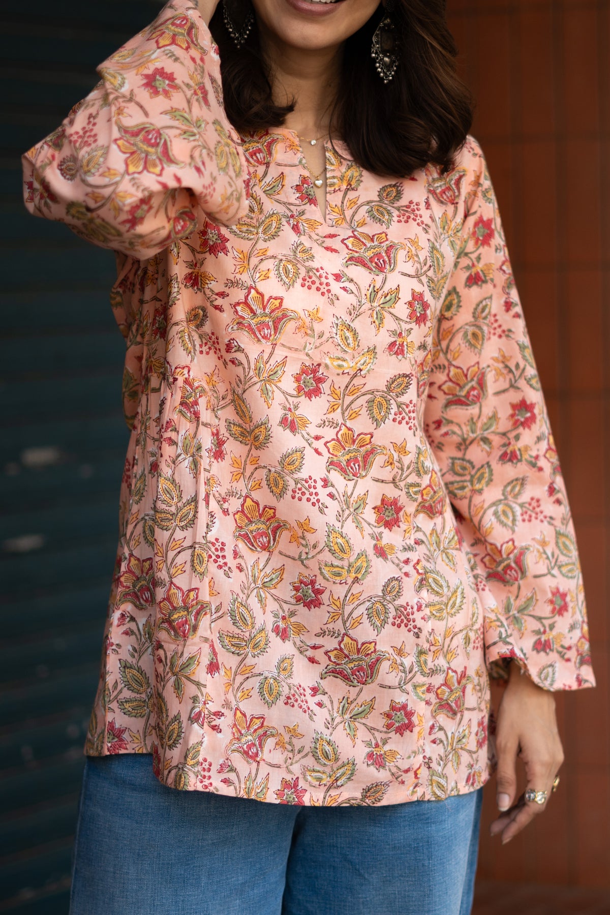 Jaipuri Peach Blossom Bell Sleeves Cotton Short Top