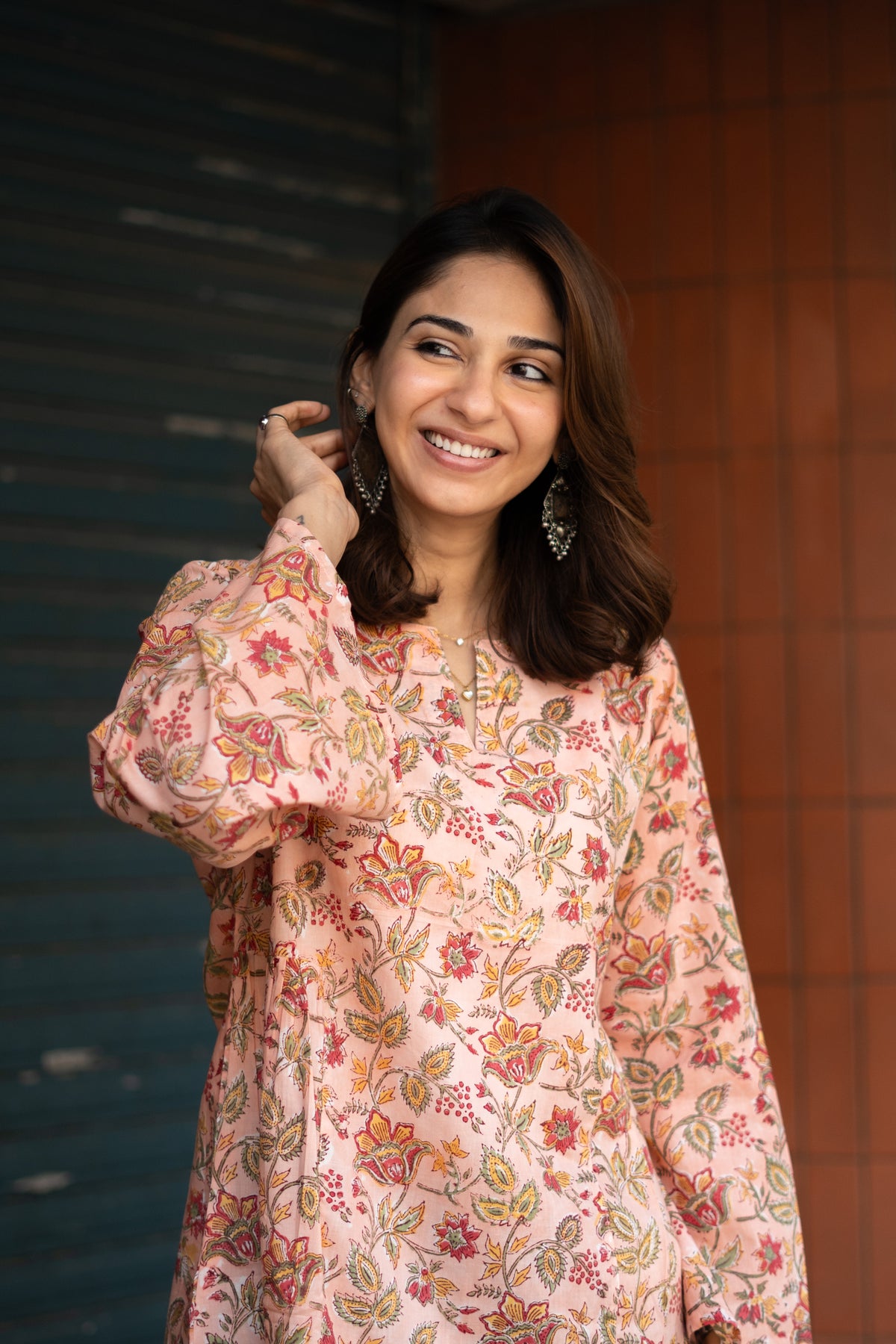 Jaipuri Peach Blossom Bell Sleeves Cotton Short Top