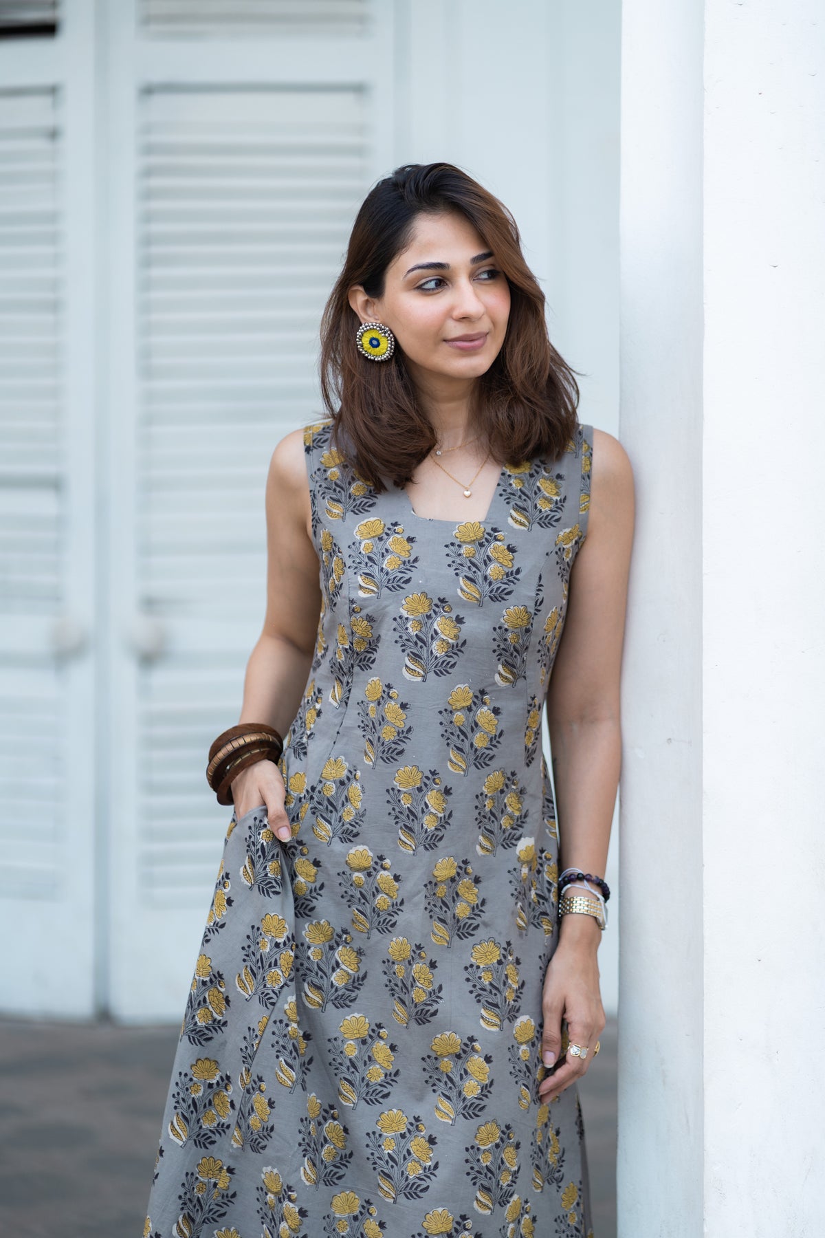 Grey Yellow Floral Cotton Corset Dress