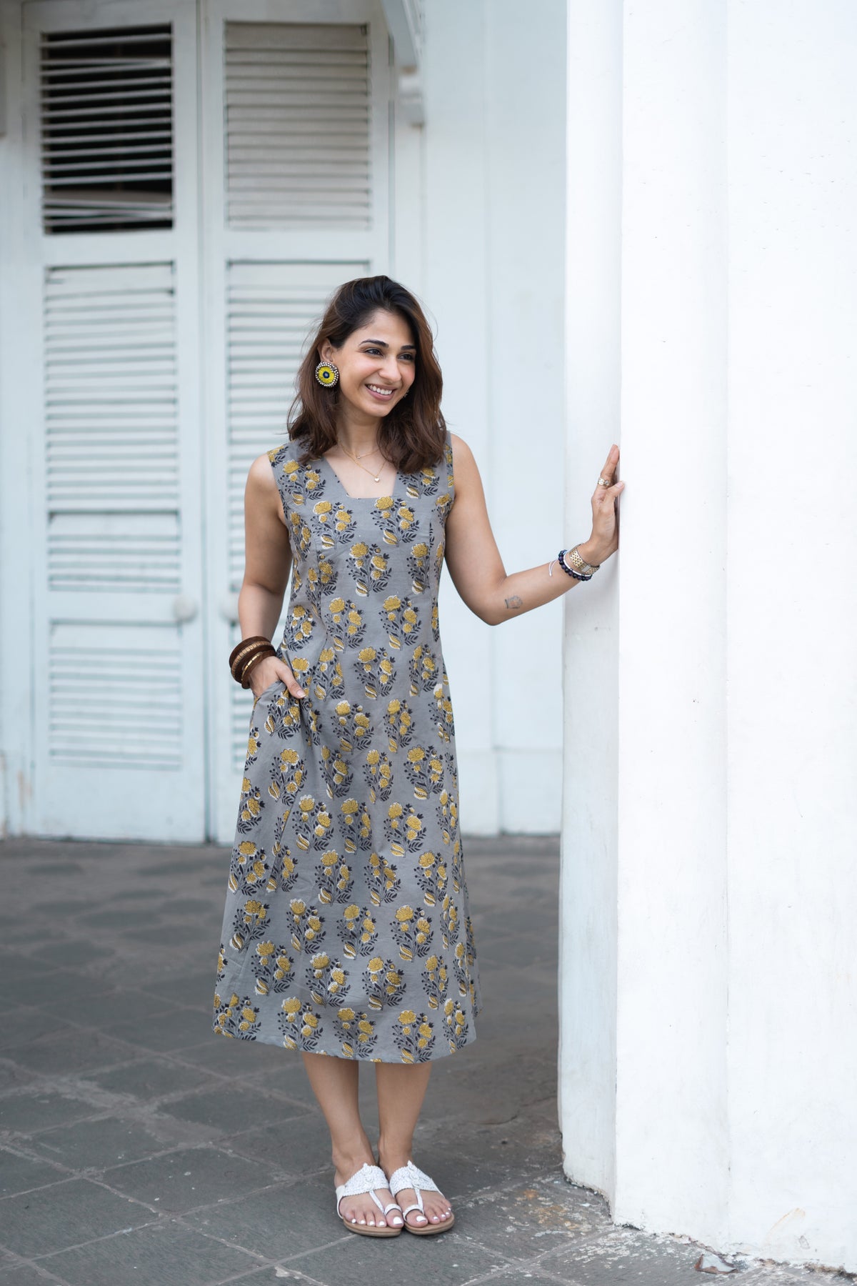 Grey Yellow Floral Cotton Corset Dress