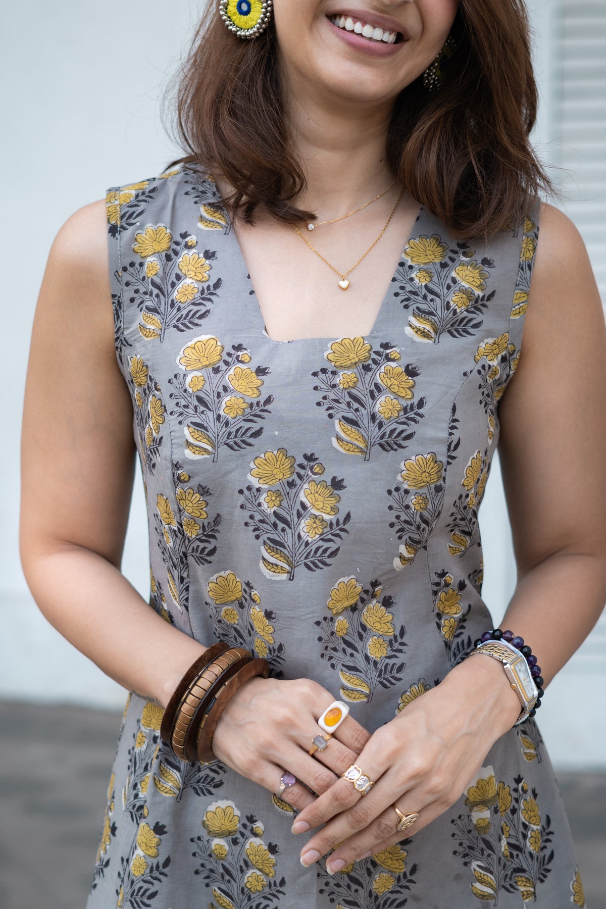 Grey Yellow Floral Cotton Corset Dress