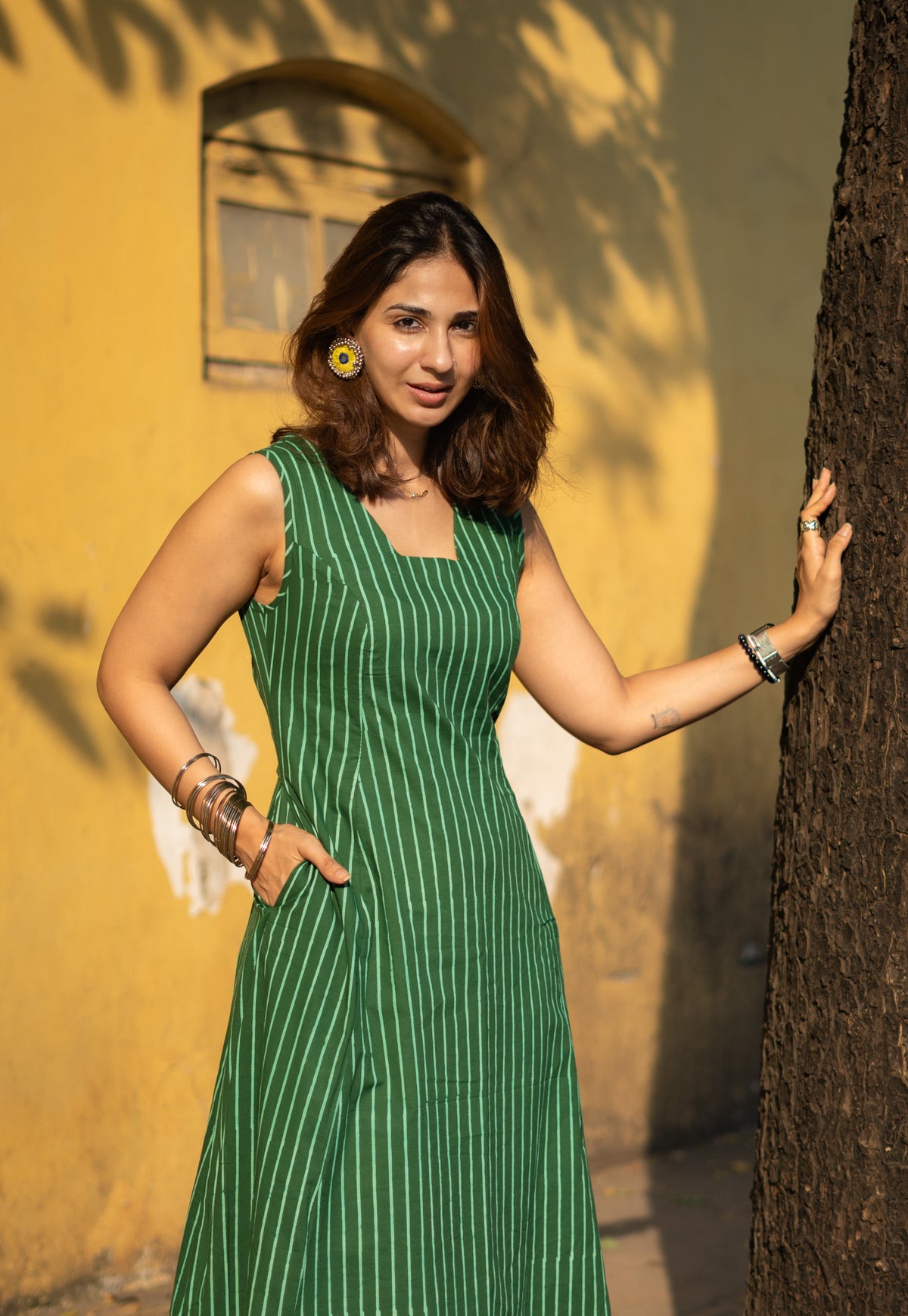 Bottle Green Stripe Cotton Corset Dress