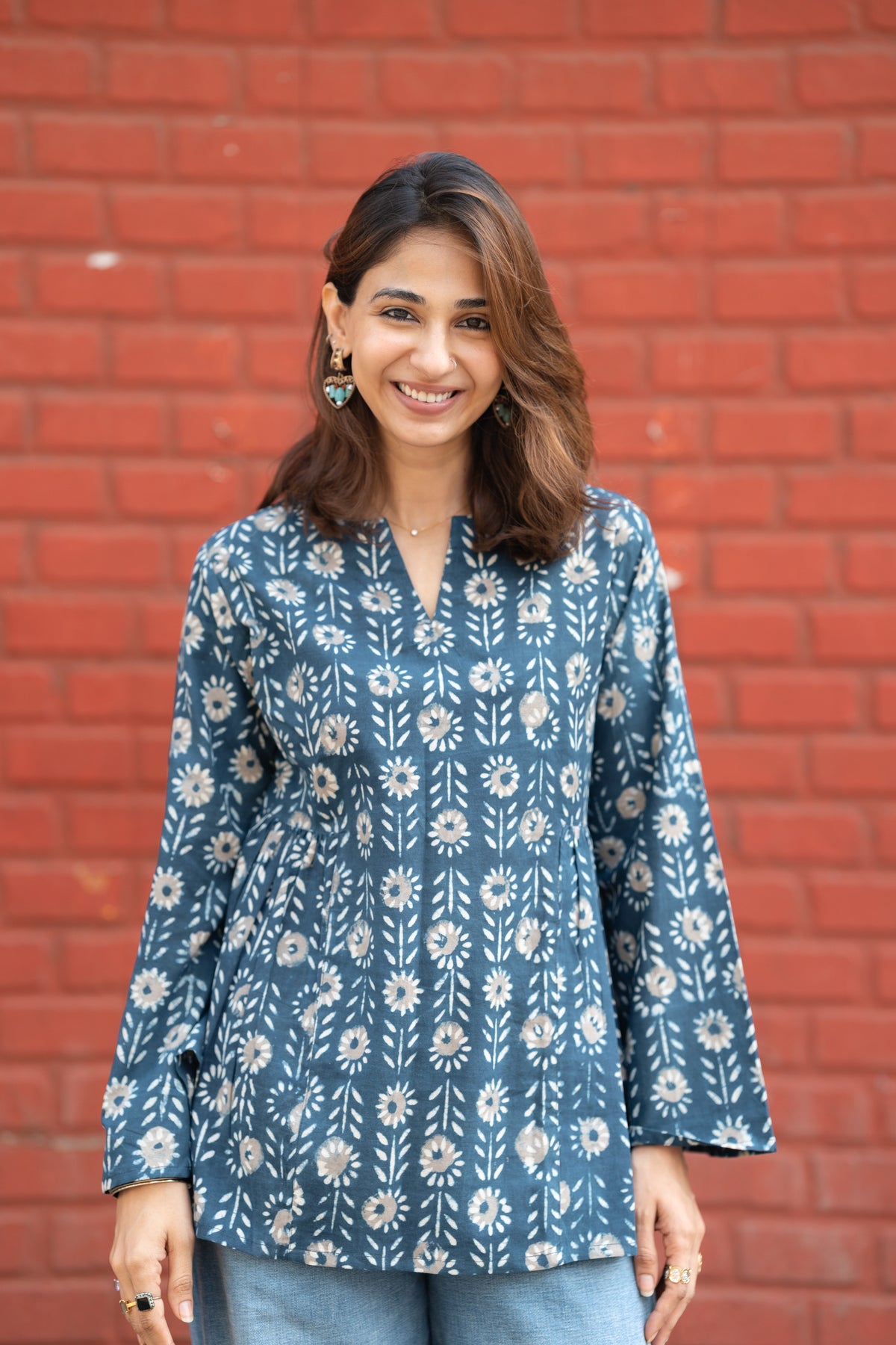 Rust Indigo Bell Sleeves Cotton Short Top