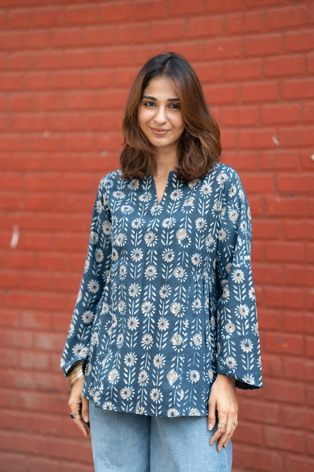 Rust Indigo Bell Sleeves Cotton Short Top