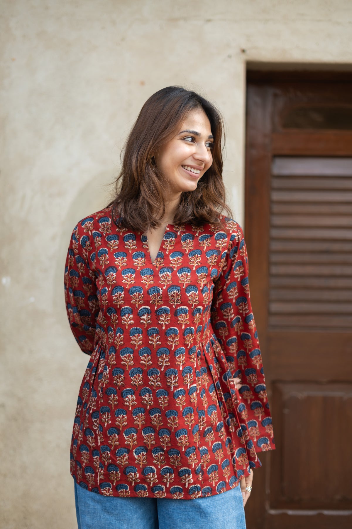 Madder Yellow Floral Bell Sleeves Cotton Short Top