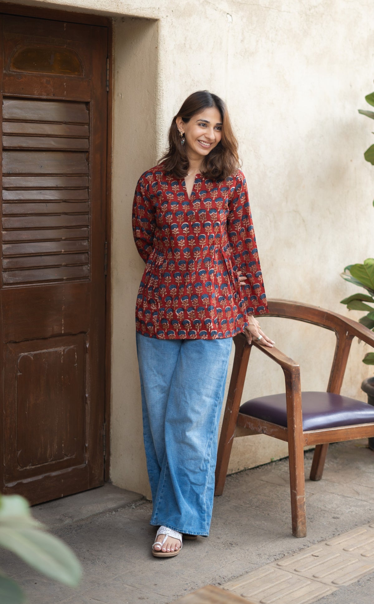 Madder Yellow Floral Bell Sleeves Cotton Short Top