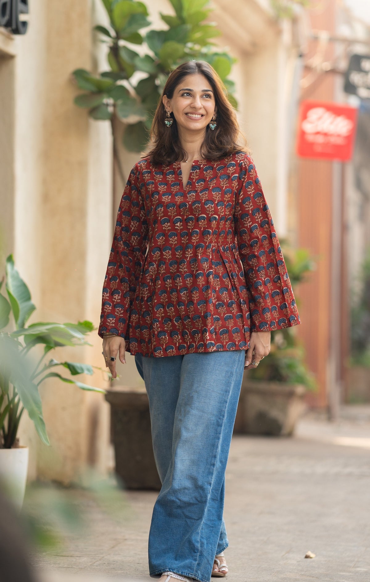 Madder Yellow Floral Bell Sleeves Cotton Short Top