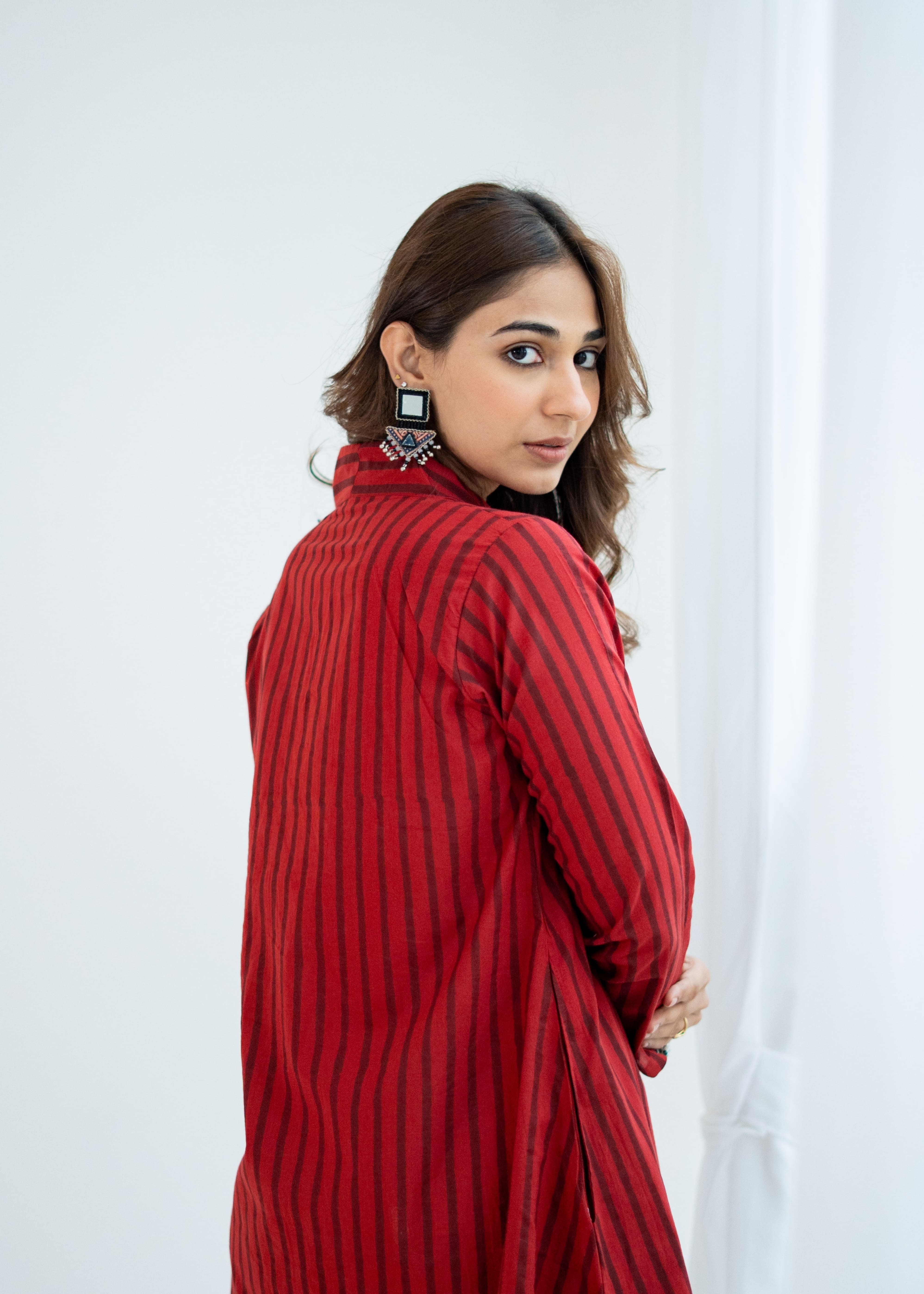 Red Stripe Block Print Cotton A Line Dress
