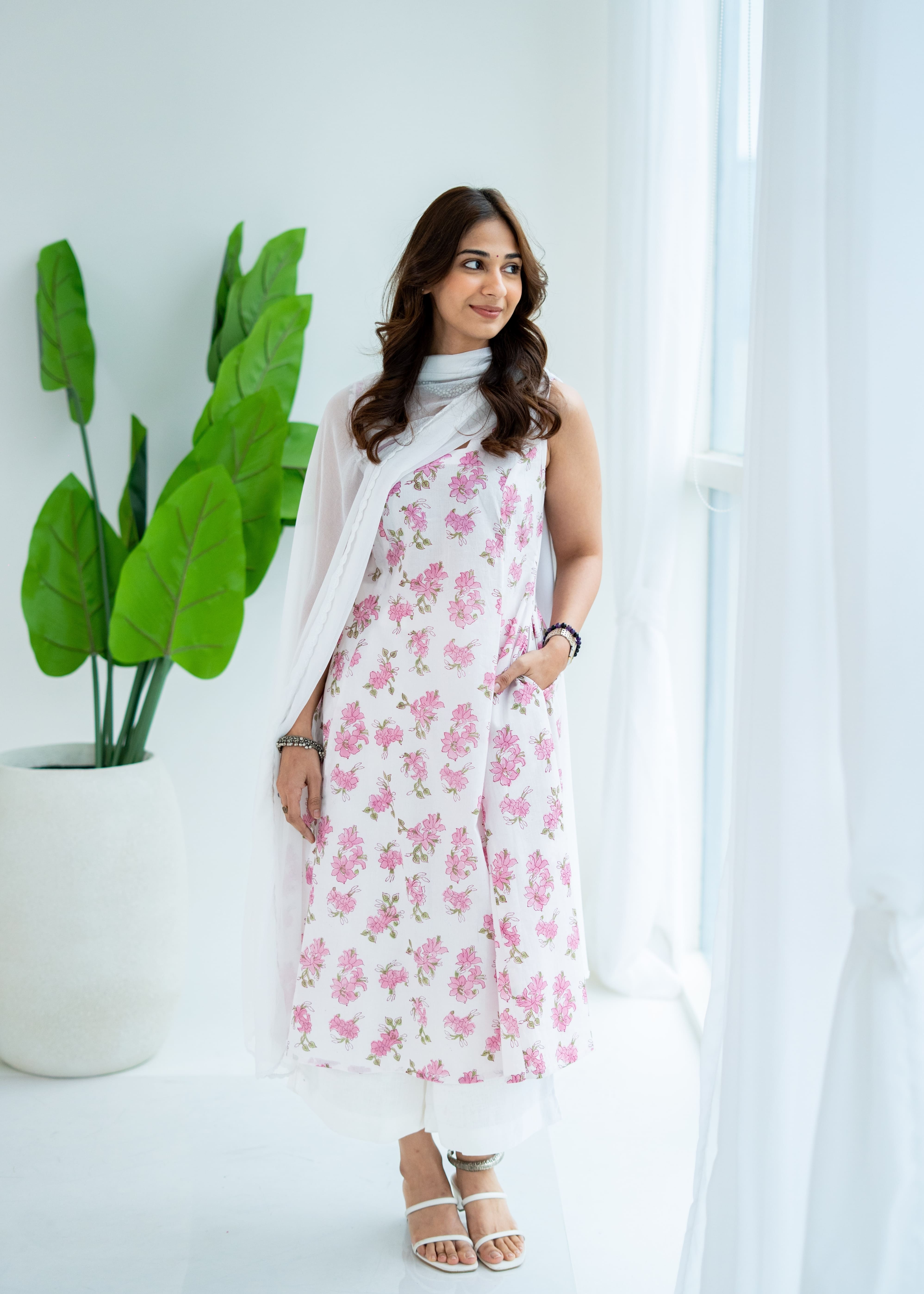 Pink Floral Sanganeri Cotton Corset Dress