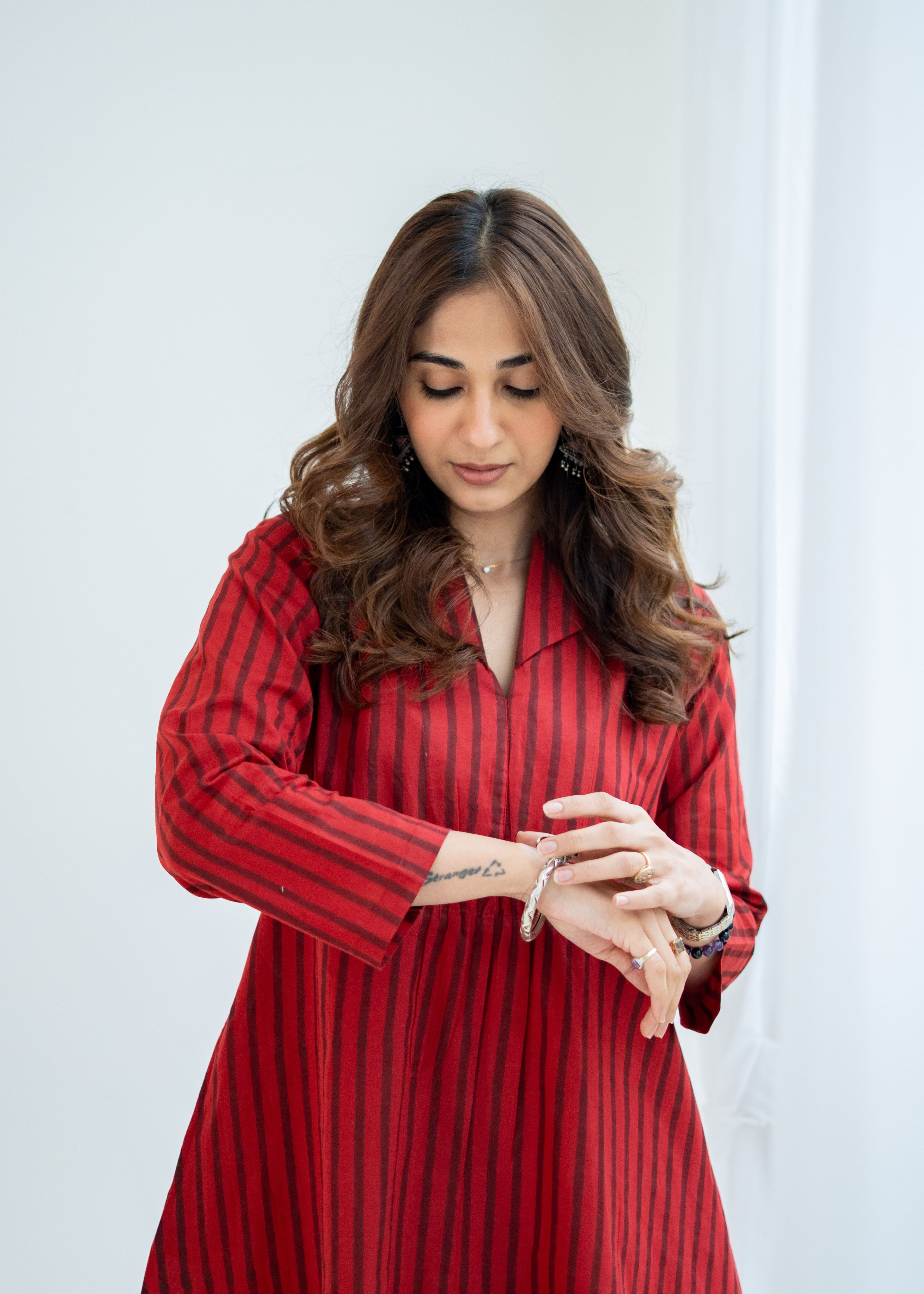 Red Stripe Block Print Cotton A Line Dress