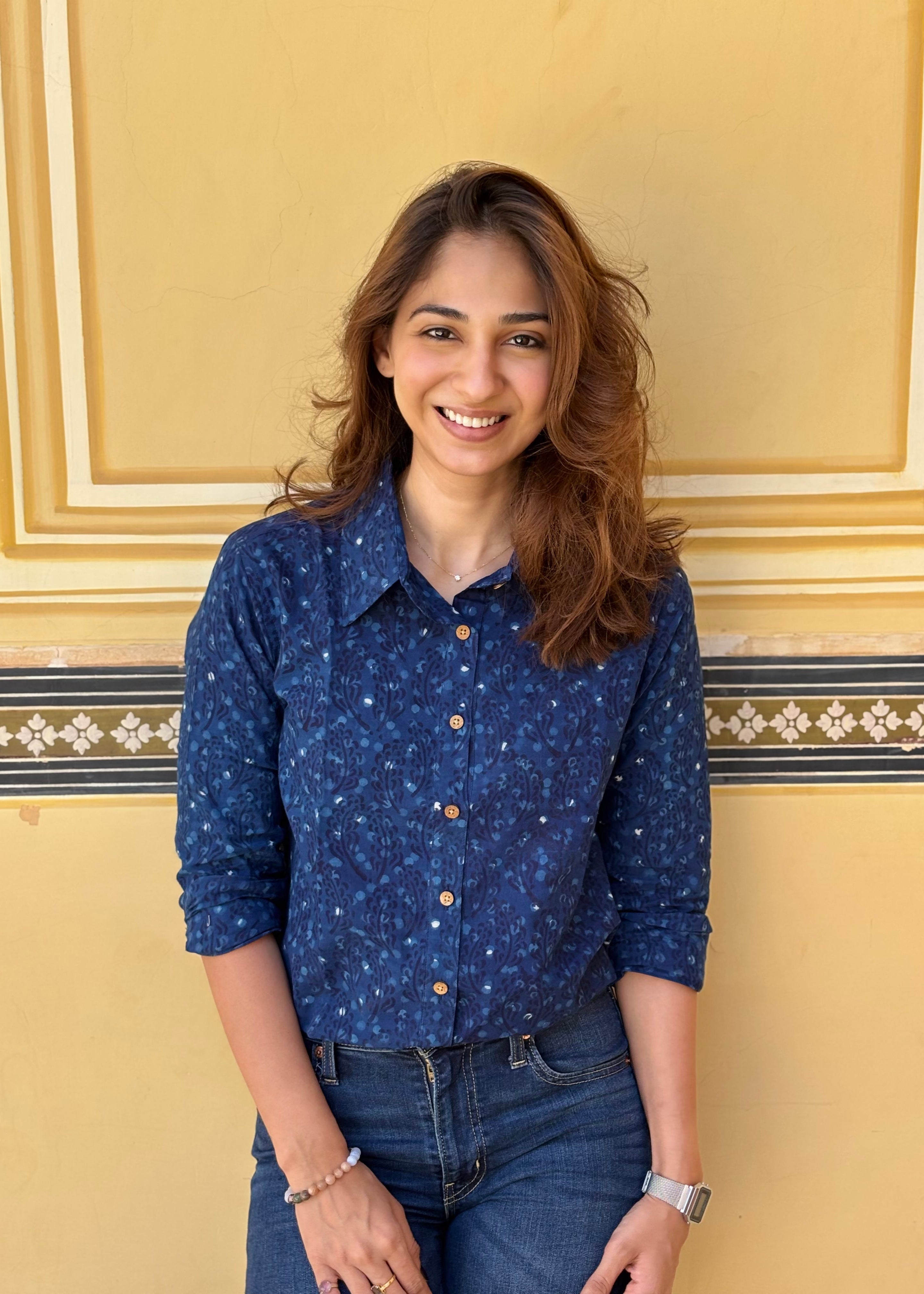 Navy Blue Floral Handblock Cotton Shirt