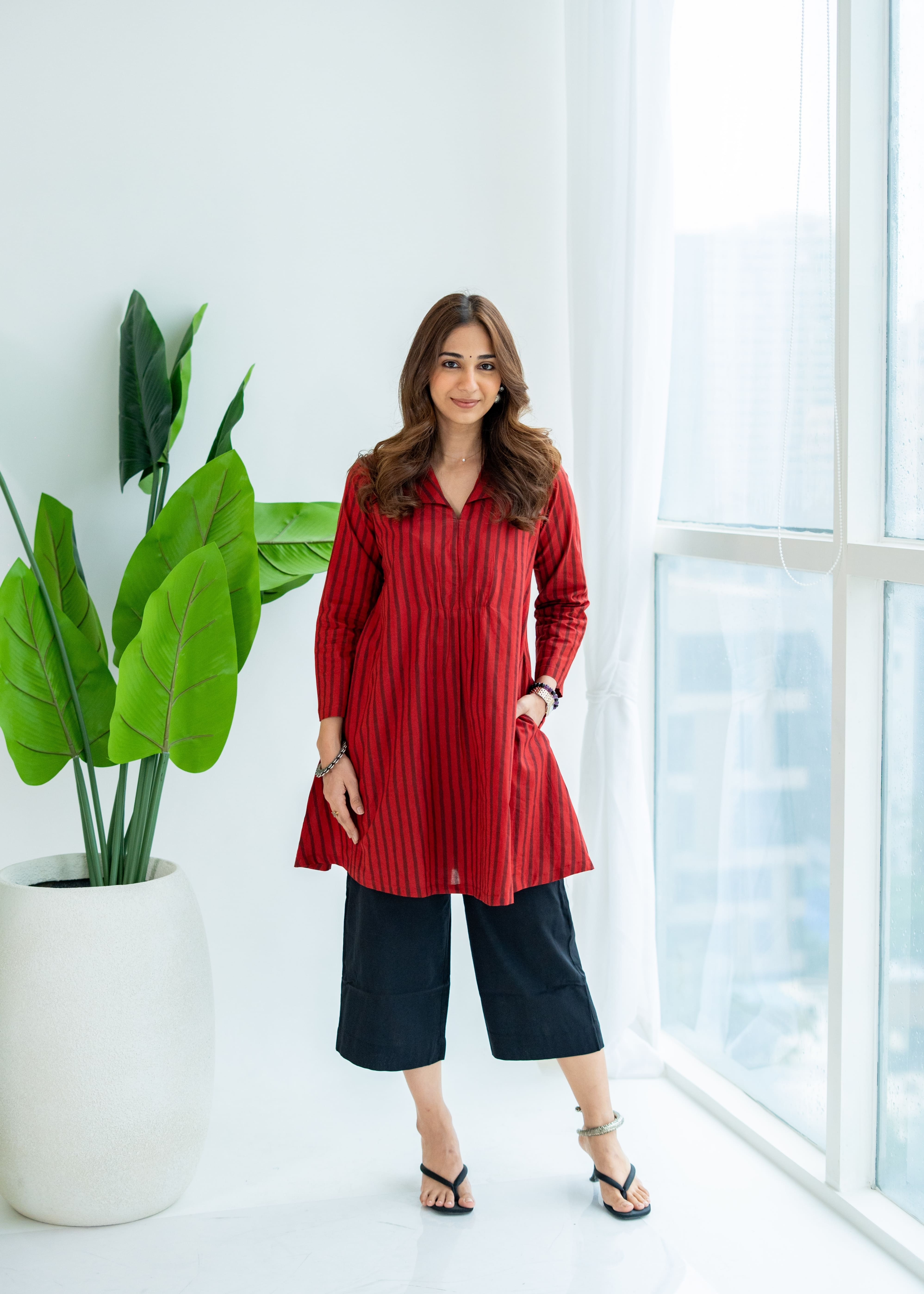 Red Stripe Block Print Cotton A Line Dress