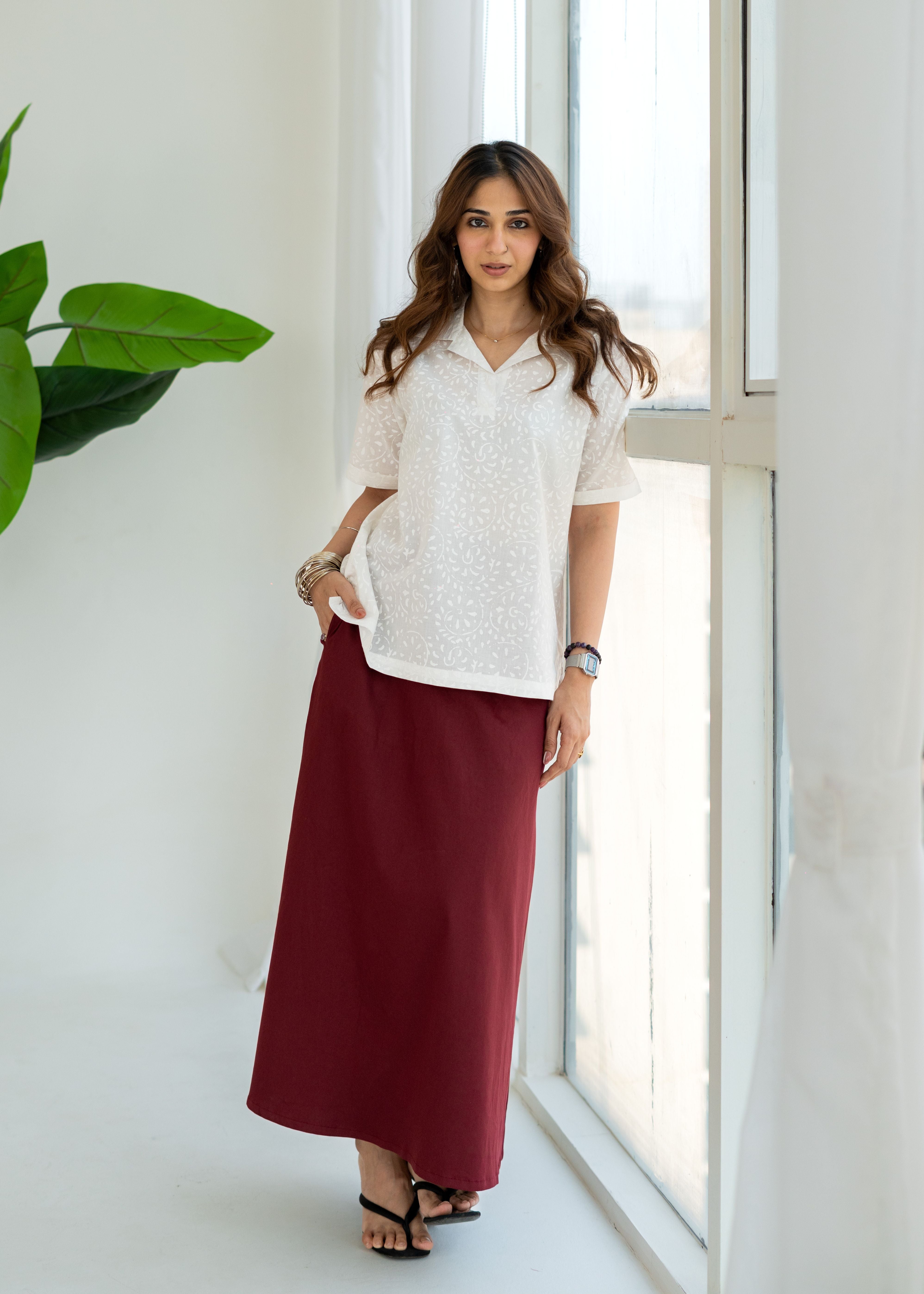 Maroon Cotton Poly Stretch Skirt