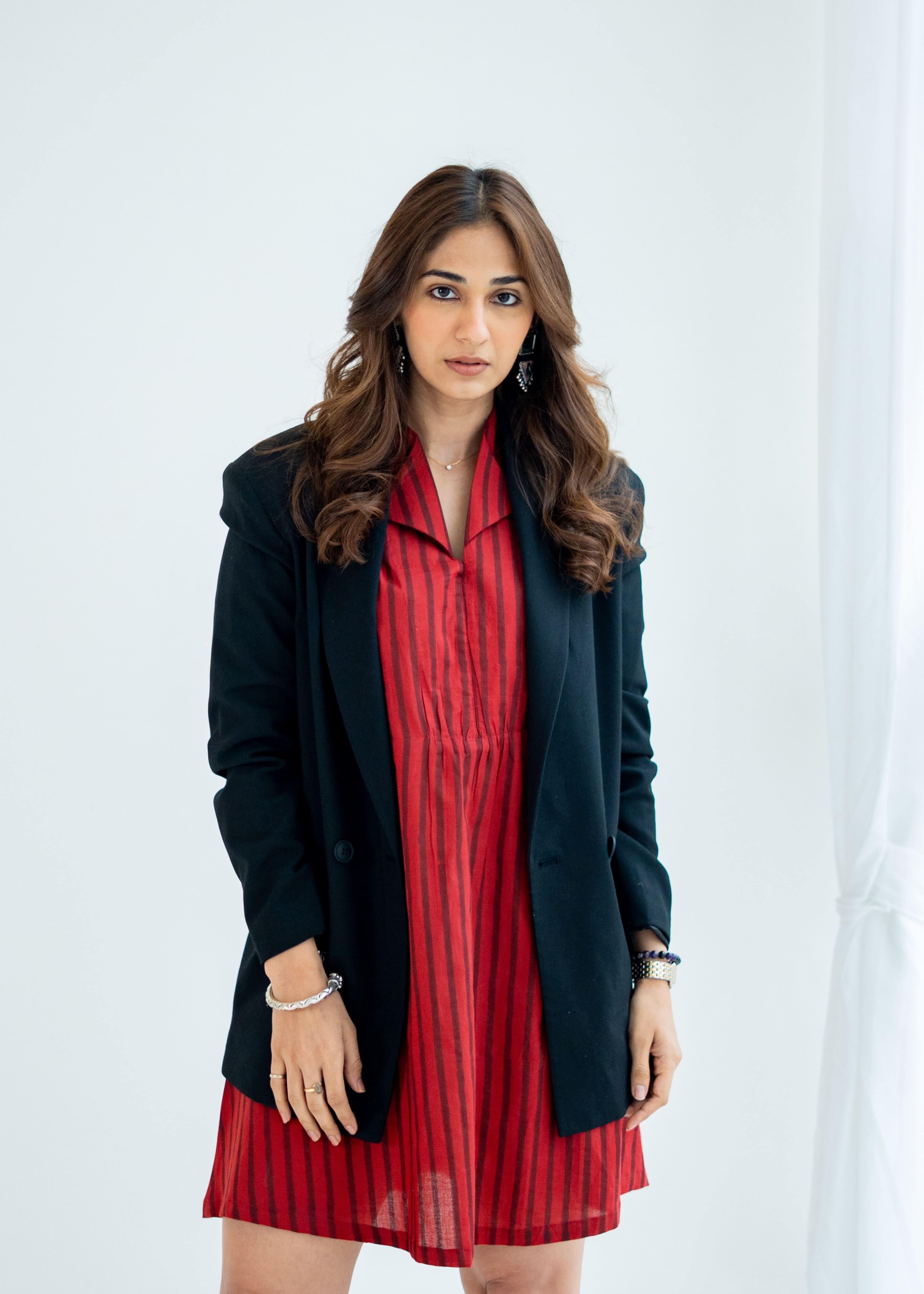 Red Stripe Block Print Cotton A Line Dress