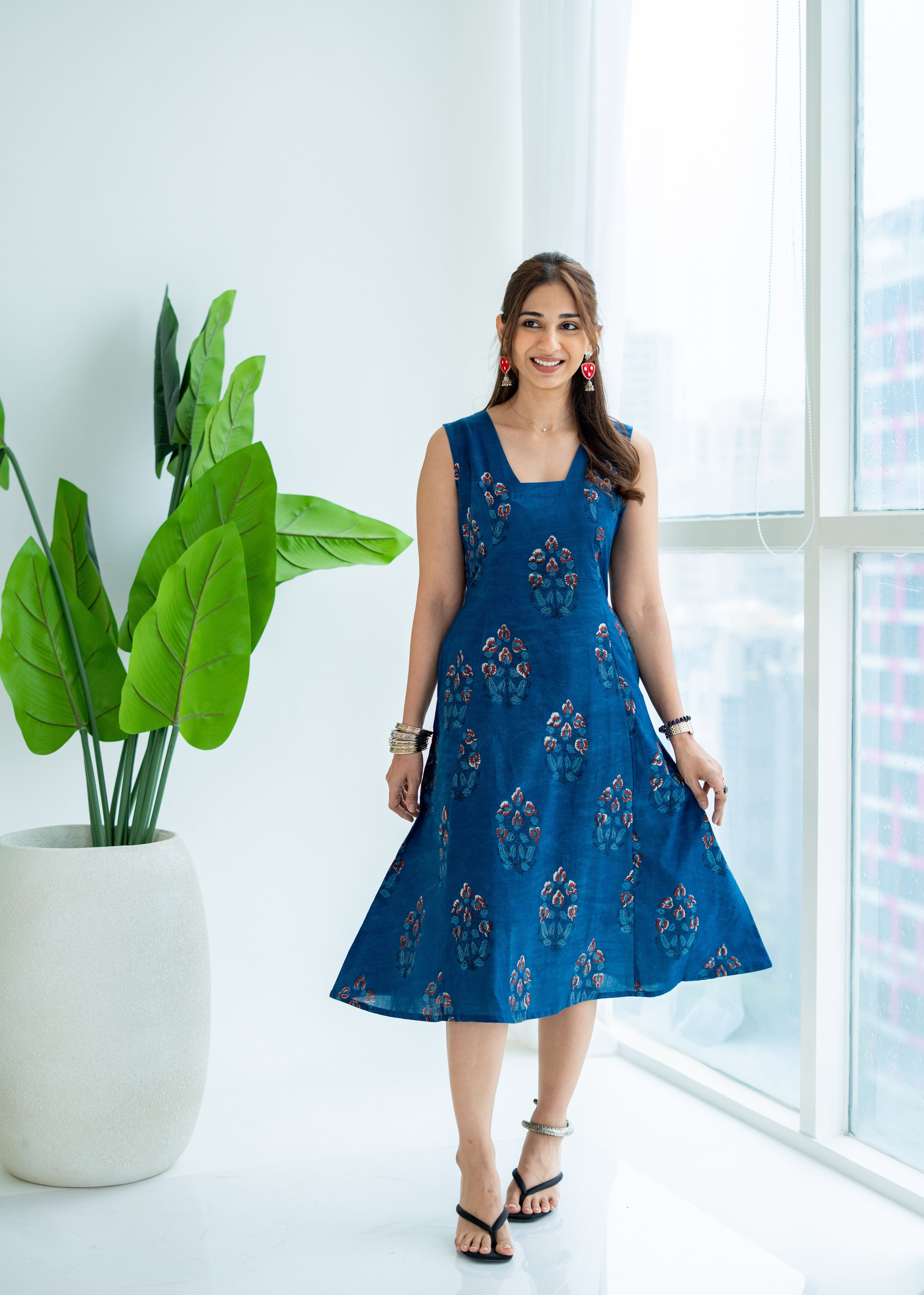 Indigo Bagru Floral Cotton Corset Dress