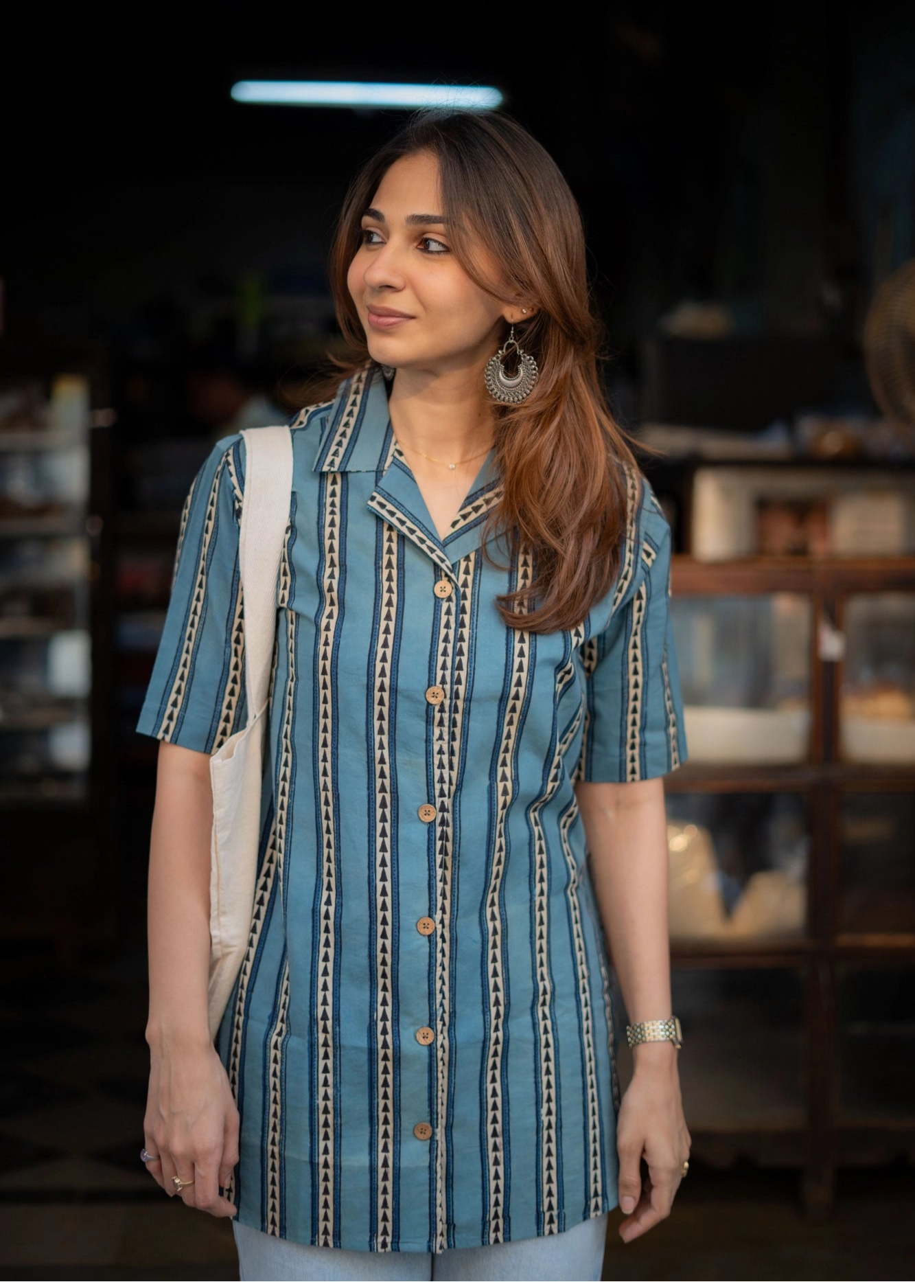 Indigo Ajrakh Stripe Shirt Kurti