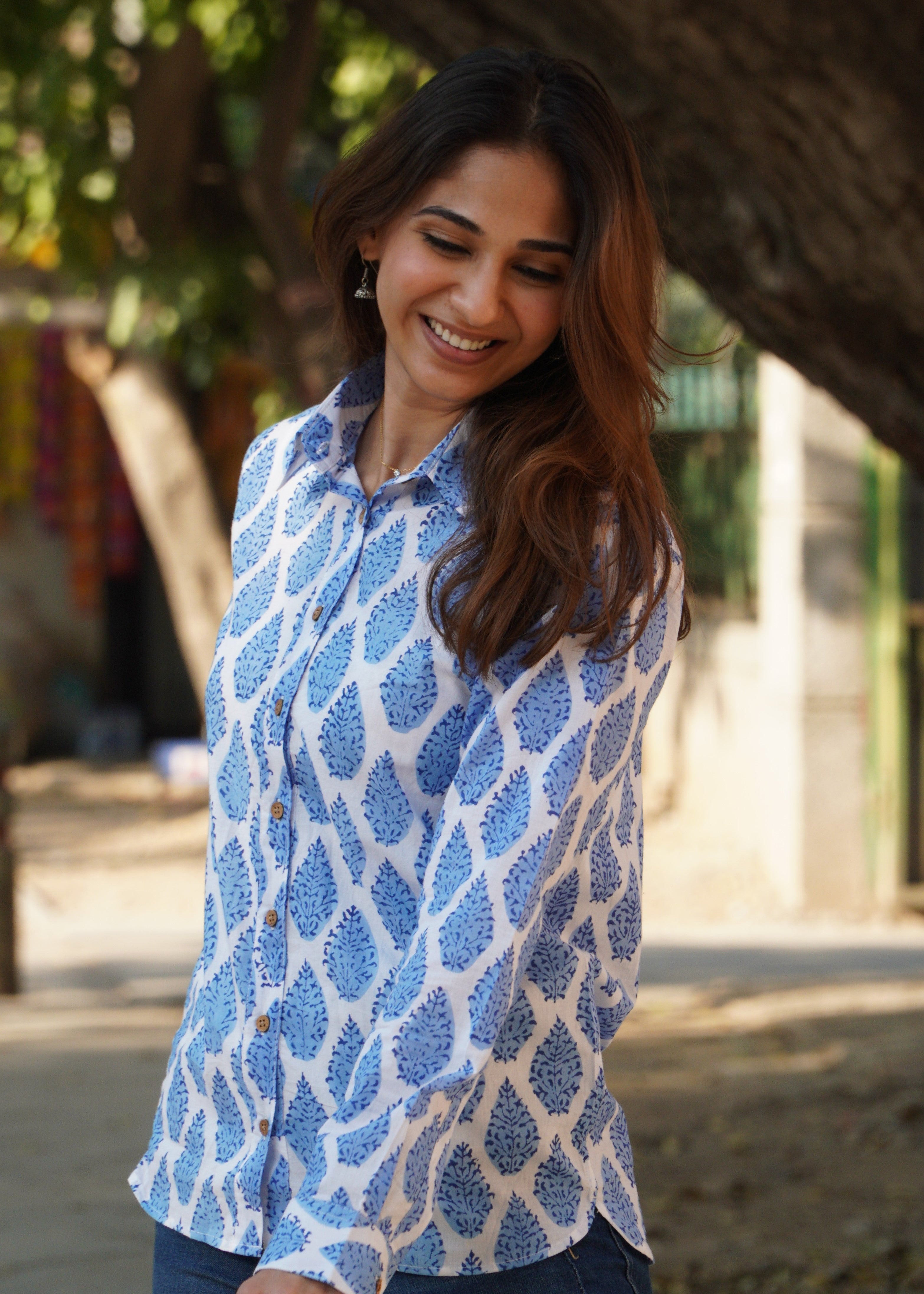 Blue Leaf Block Print Shirt