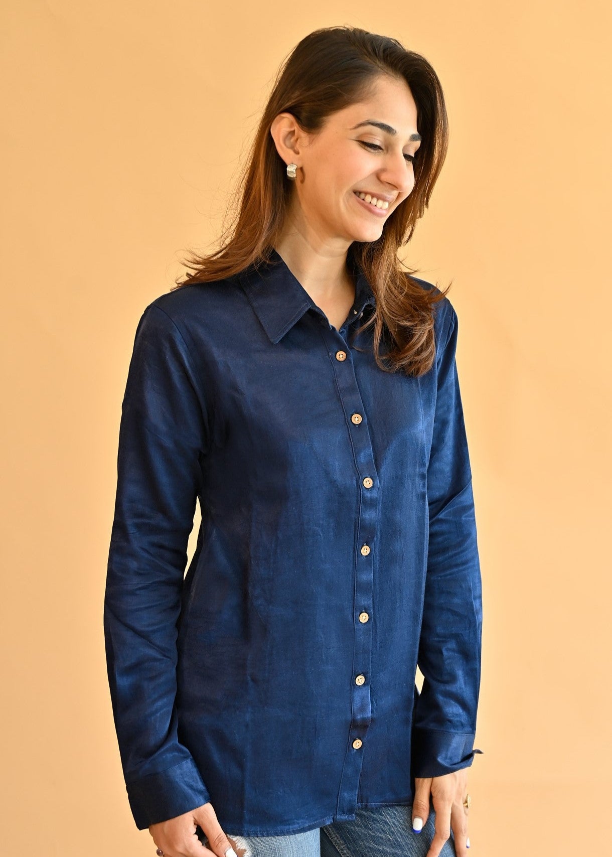Ajrakh Satin Navy Blue Natural Dye Shirt