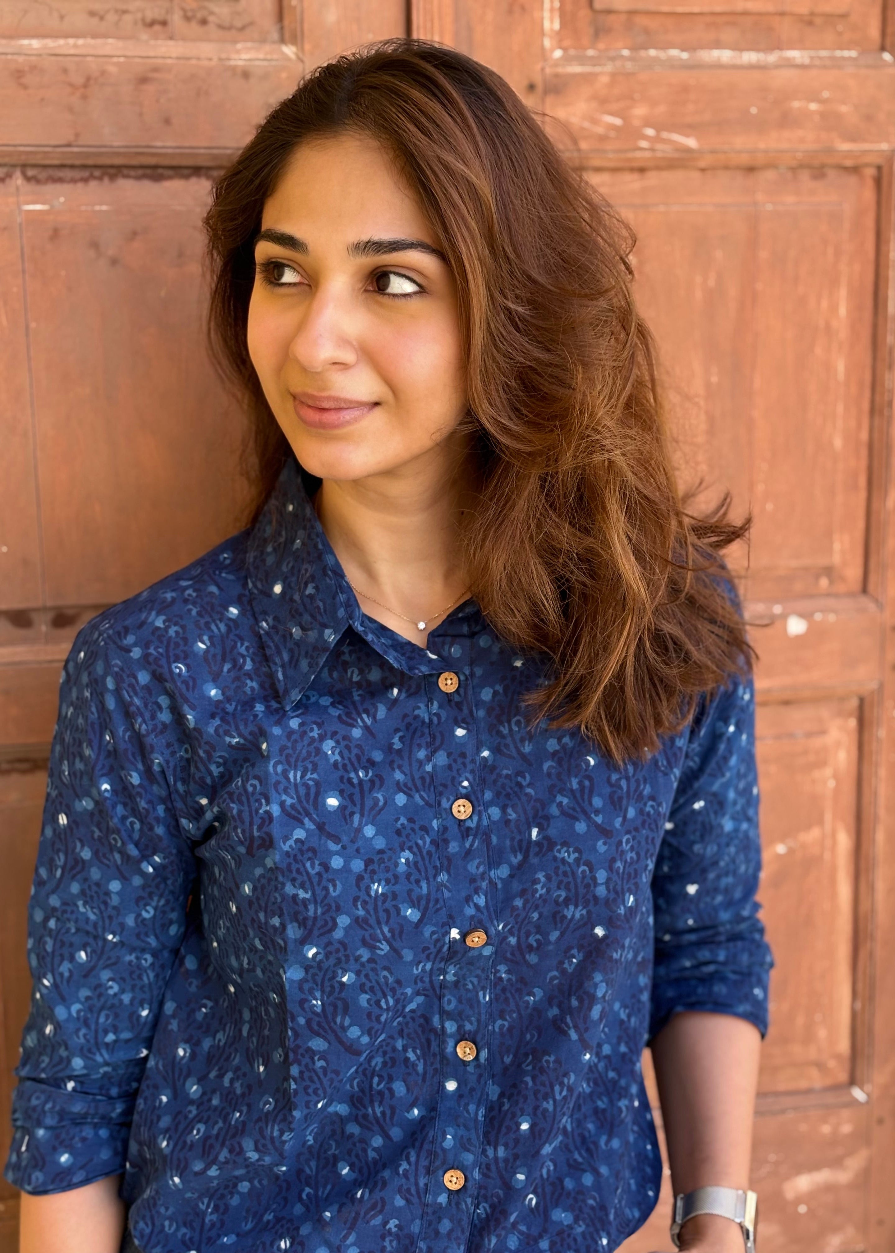 Navy Blue Floral Handblock Cotton Shirt