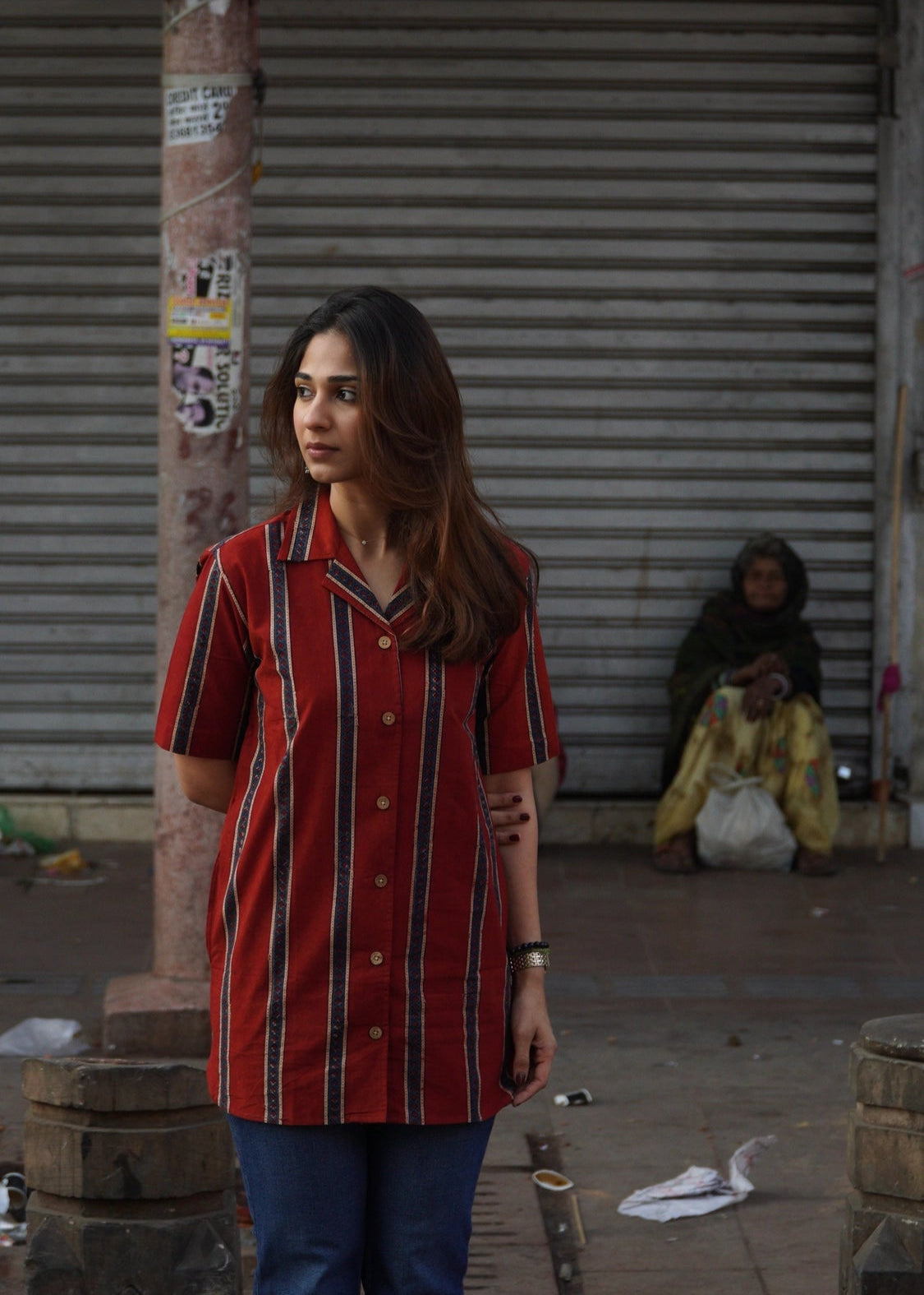 Red Ajrakh Stripe Shirt Kurti