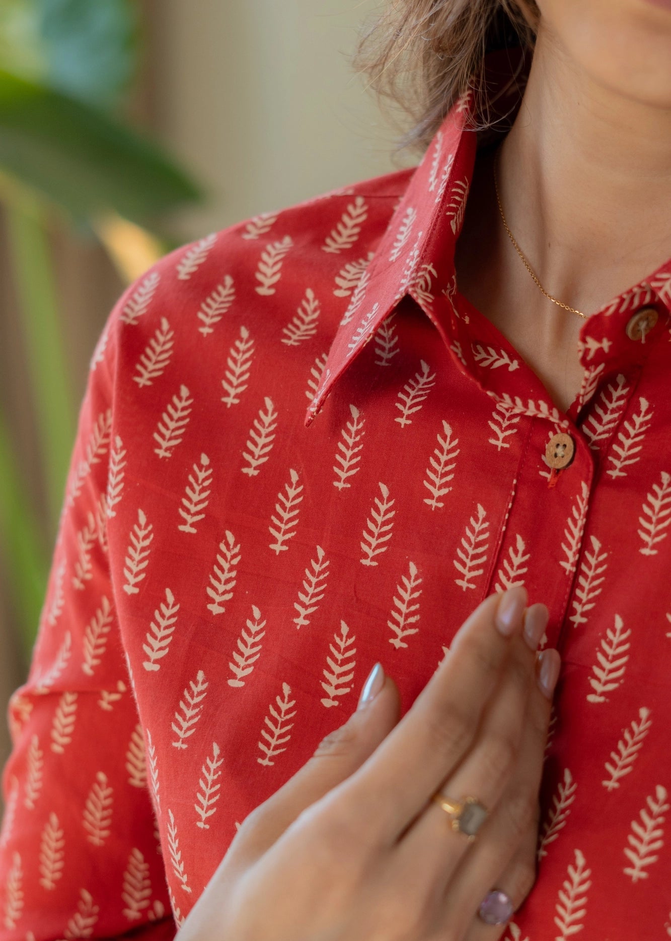 Red Leaf Block Print Shirt