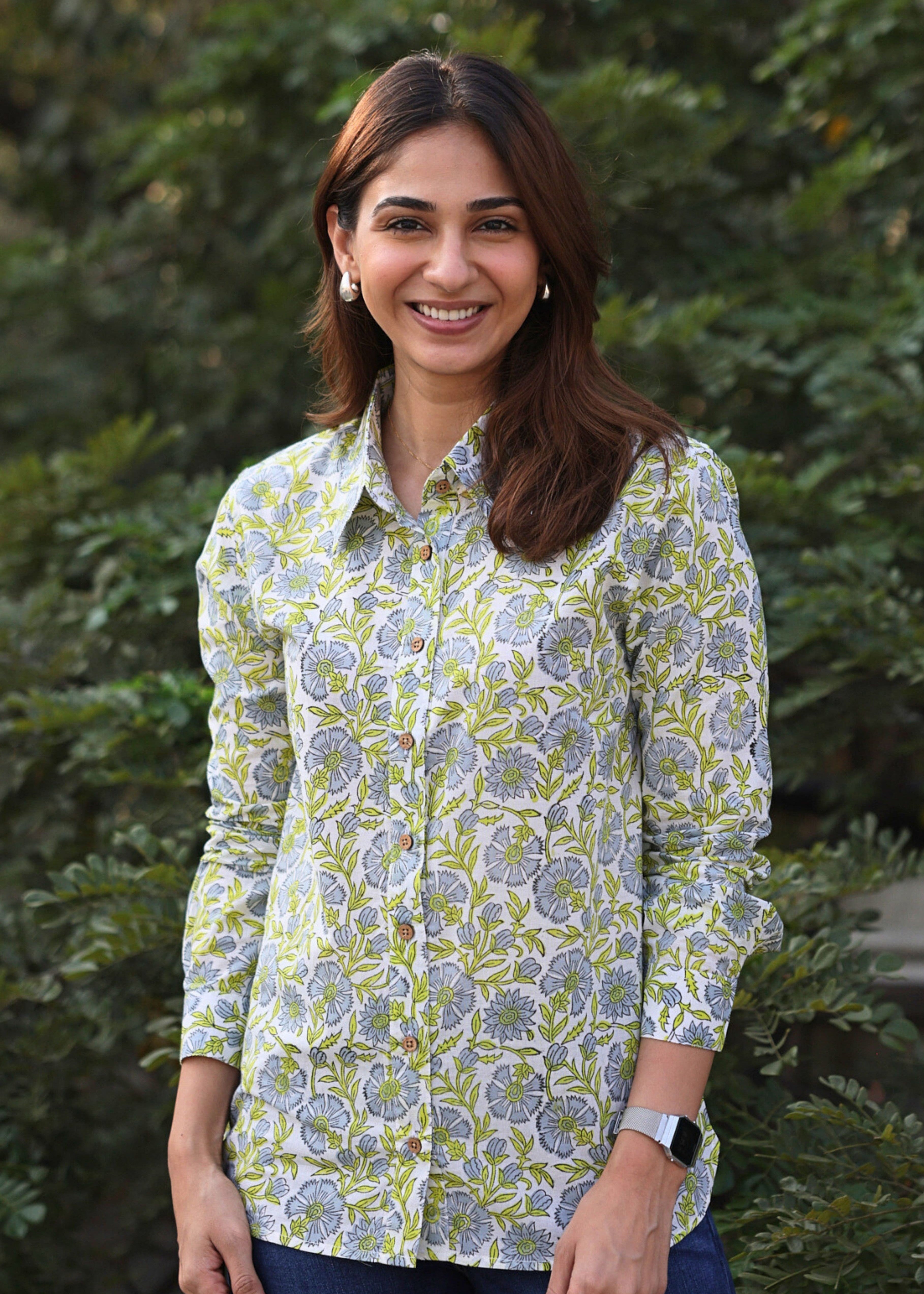 Green Floral Handblock Cotton Shirt