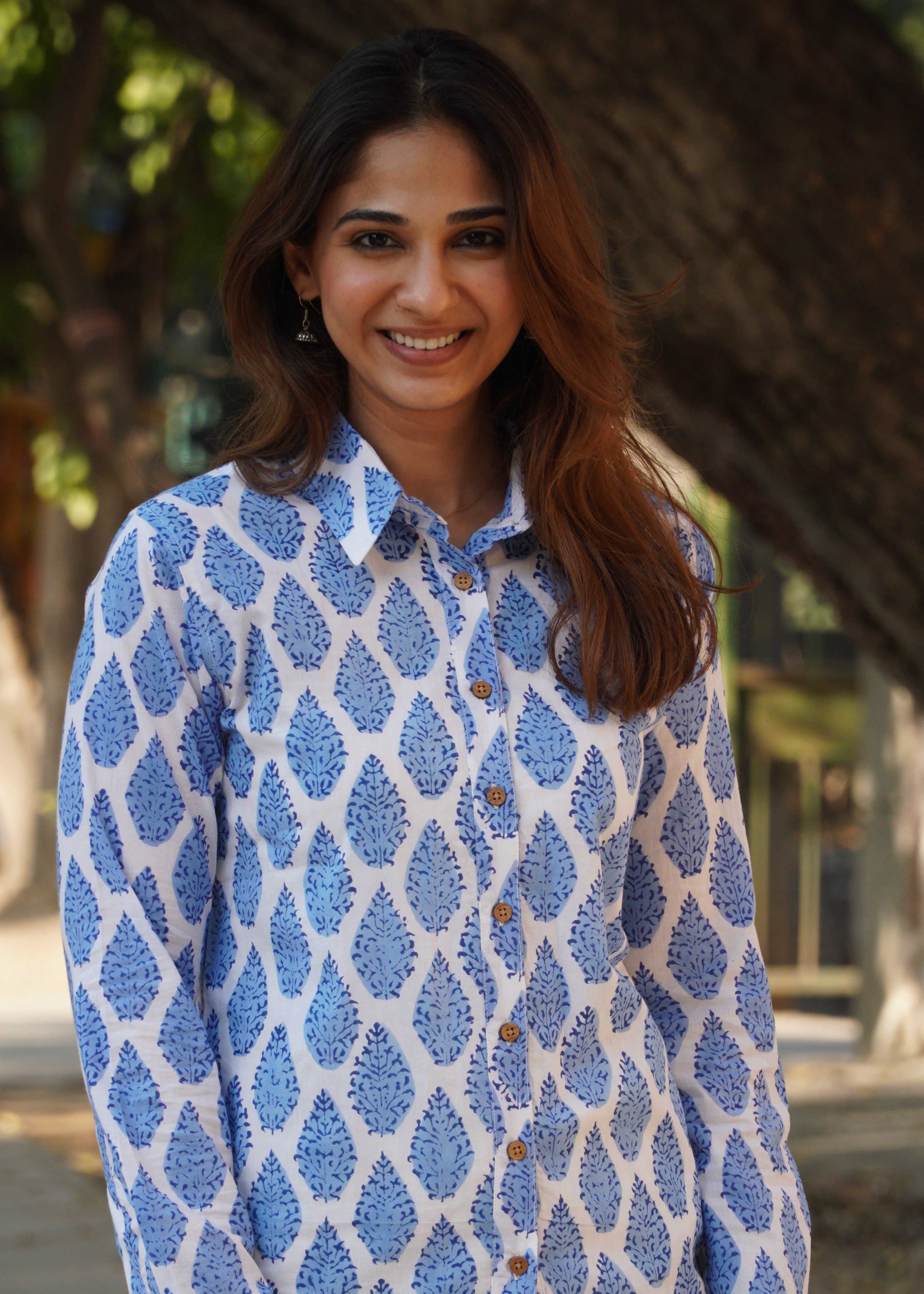 Blue Leaf Block Print Shirt