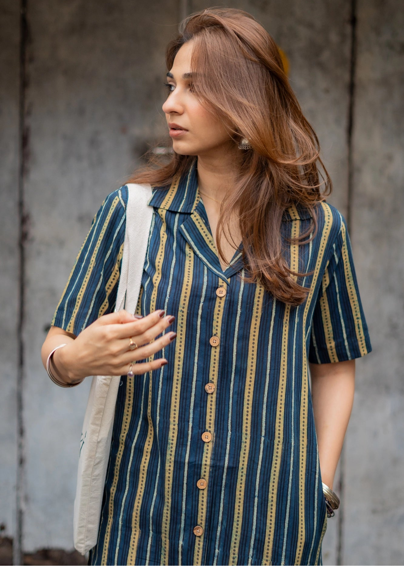 Navy Indigo Stripe Ajrakh Natural Dye Shirt Kurti