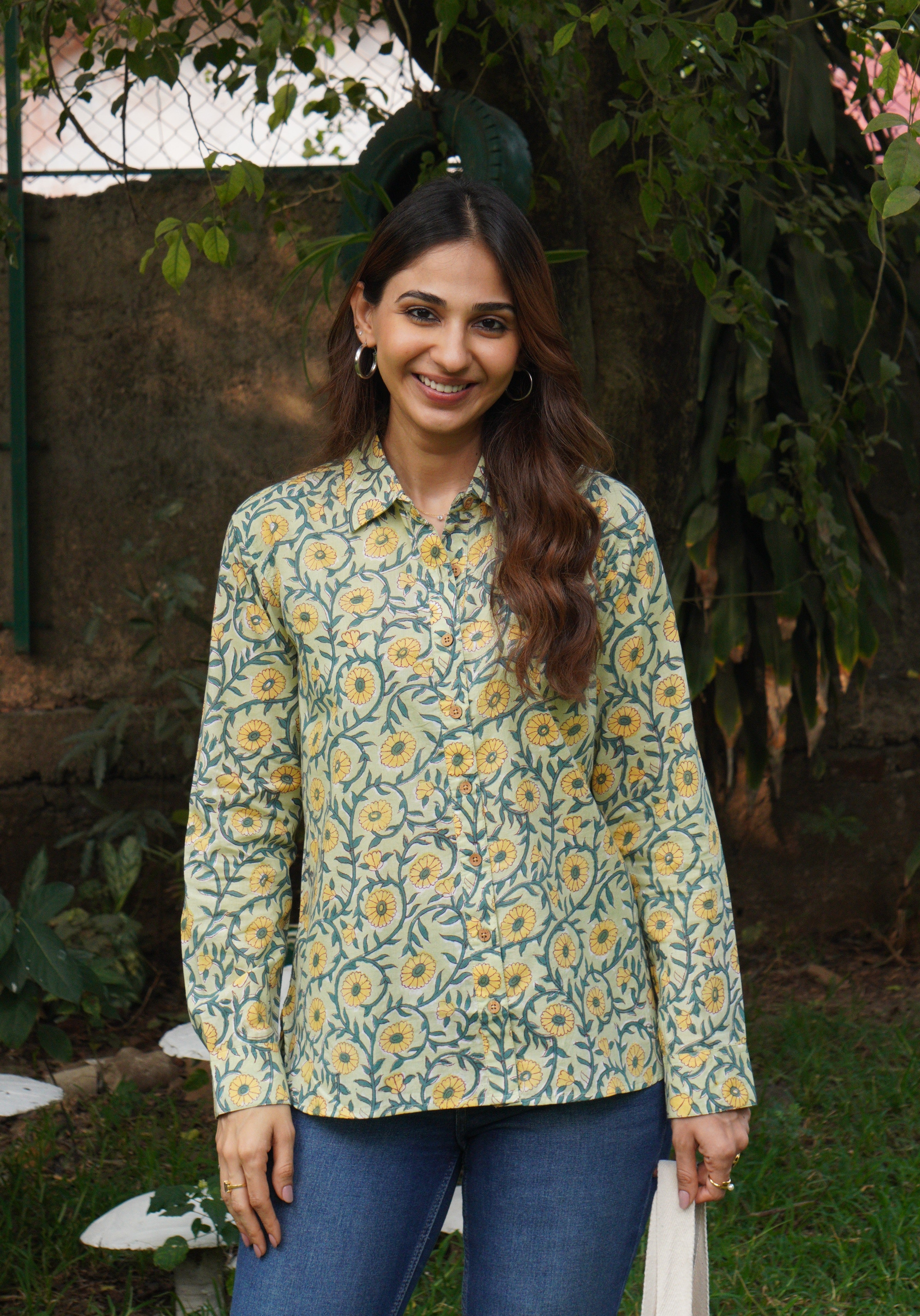 Green Yellow Floral Handblock Shirt