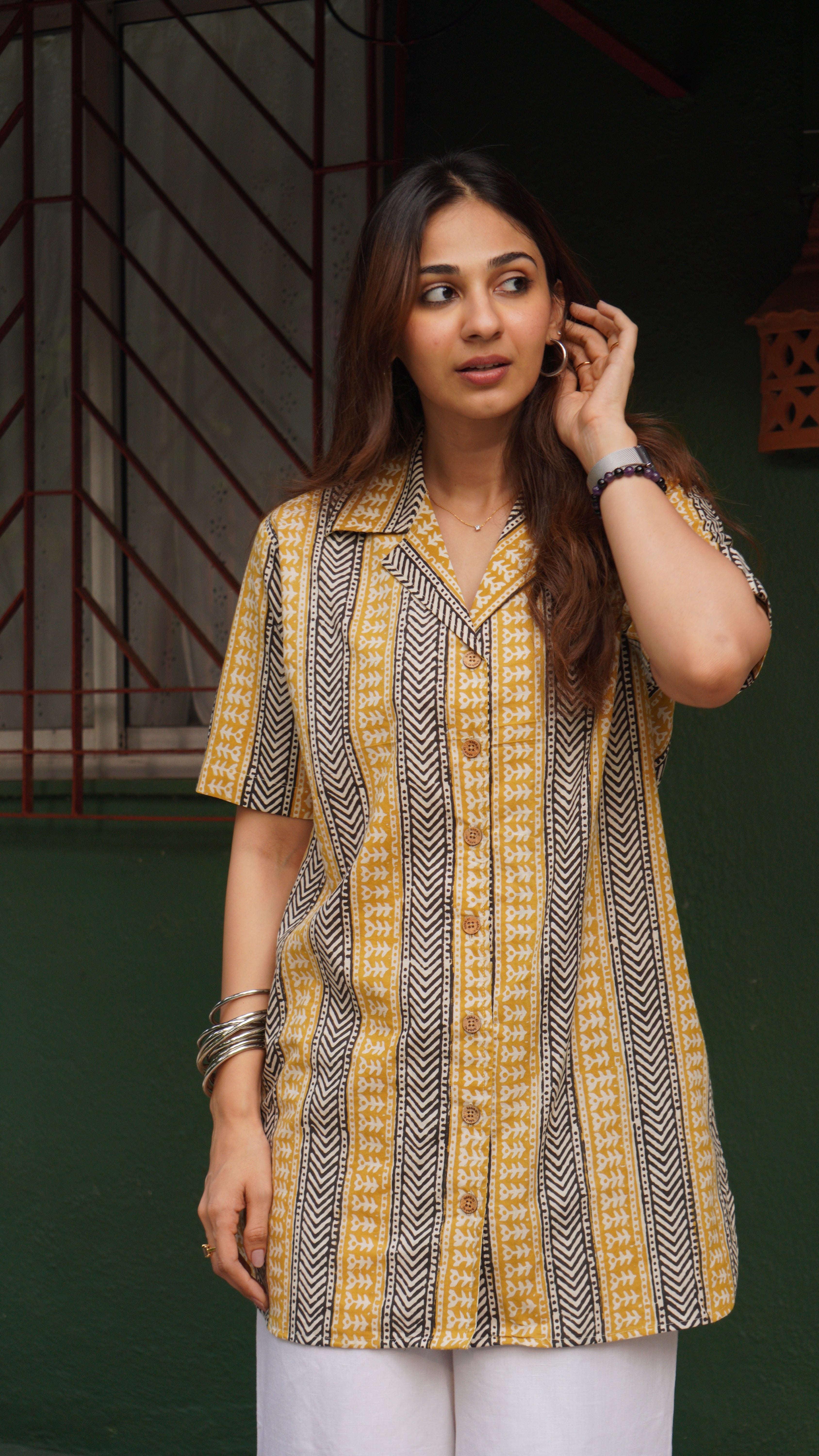Ajrakh Yellow Stripe Handblock Cotton Shirt Kurti