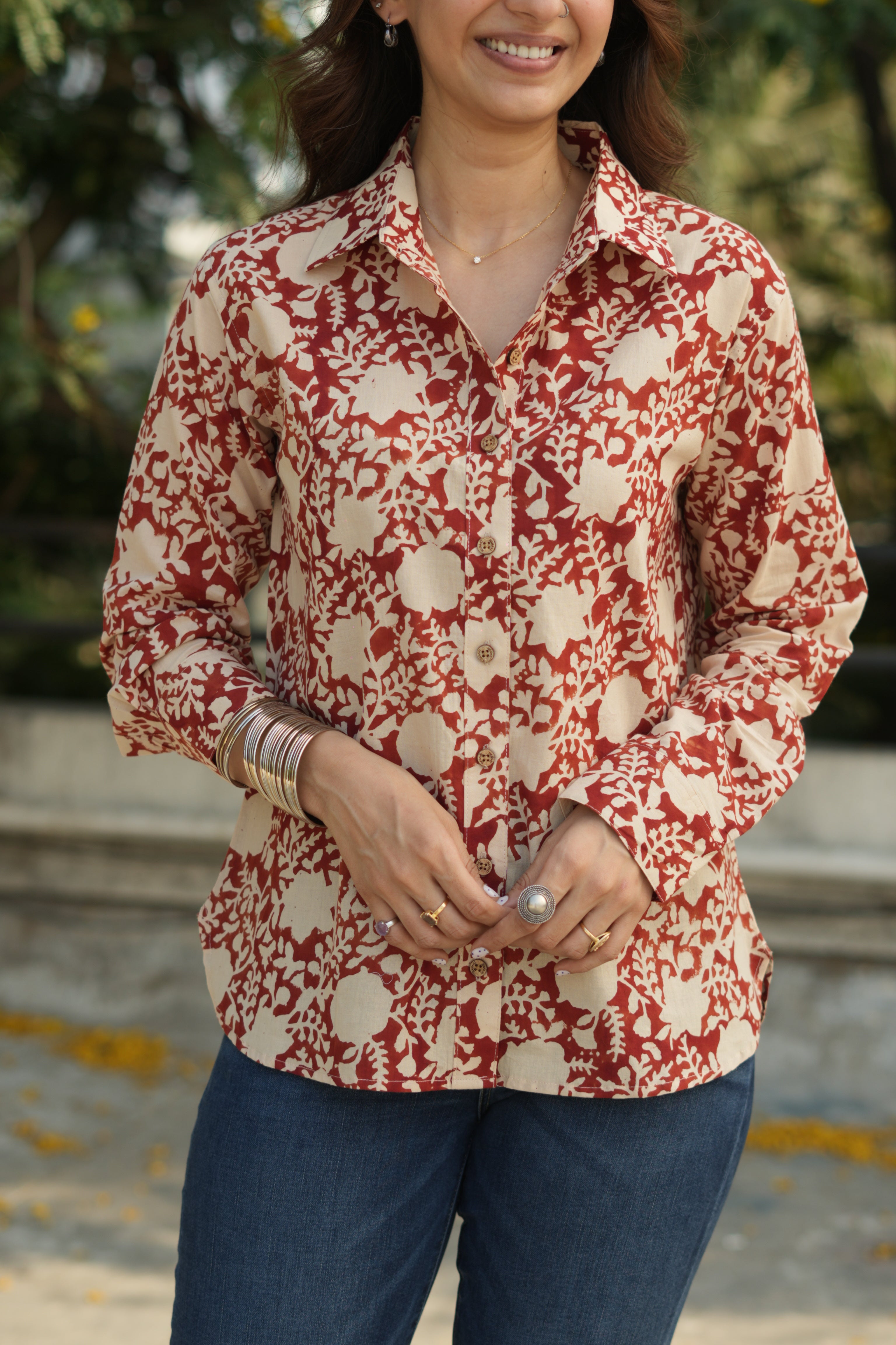 Red Floral Block Print Cotton Shirt
