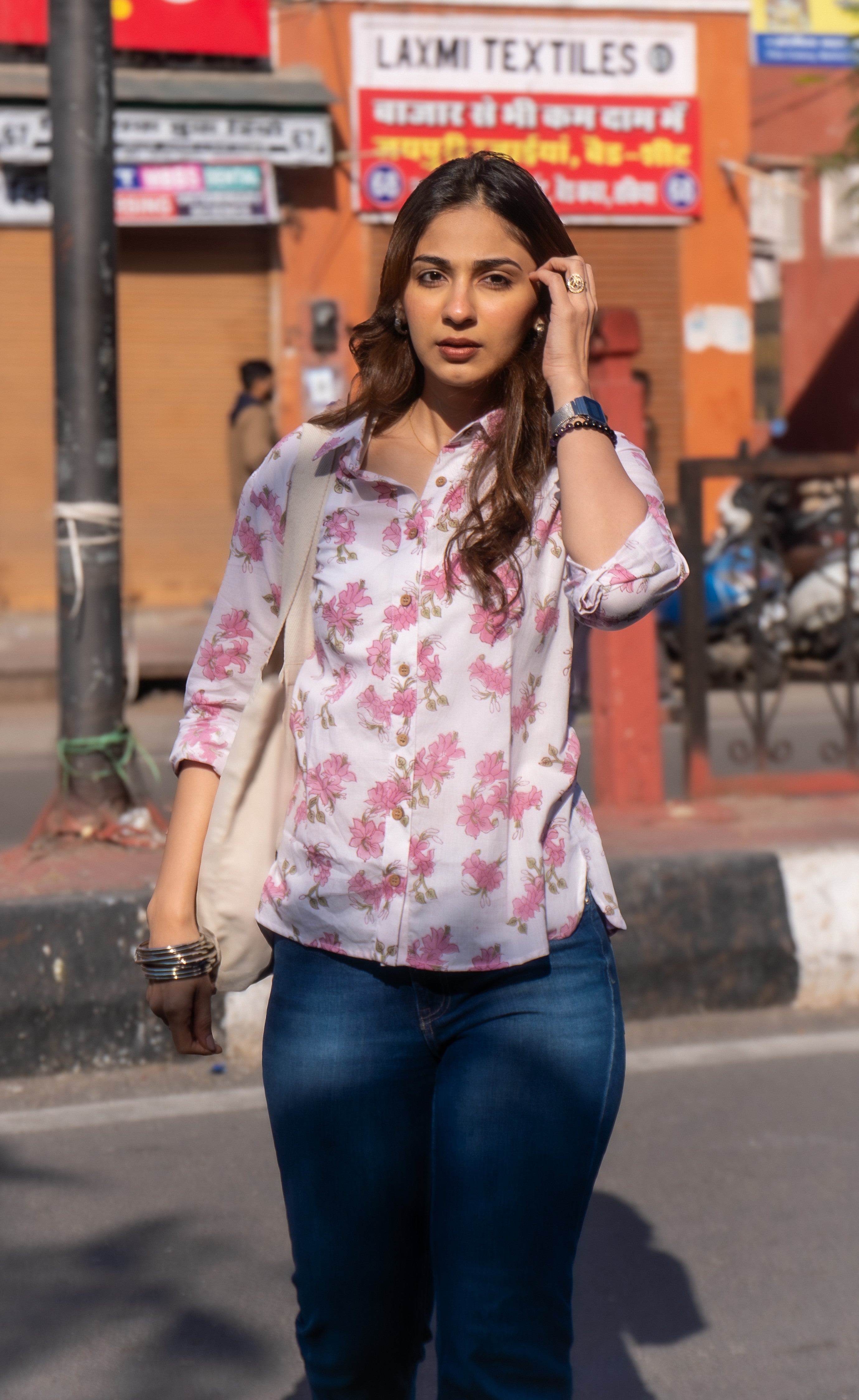 Pink Sanganeri Floral Handblock Cotton Shirt