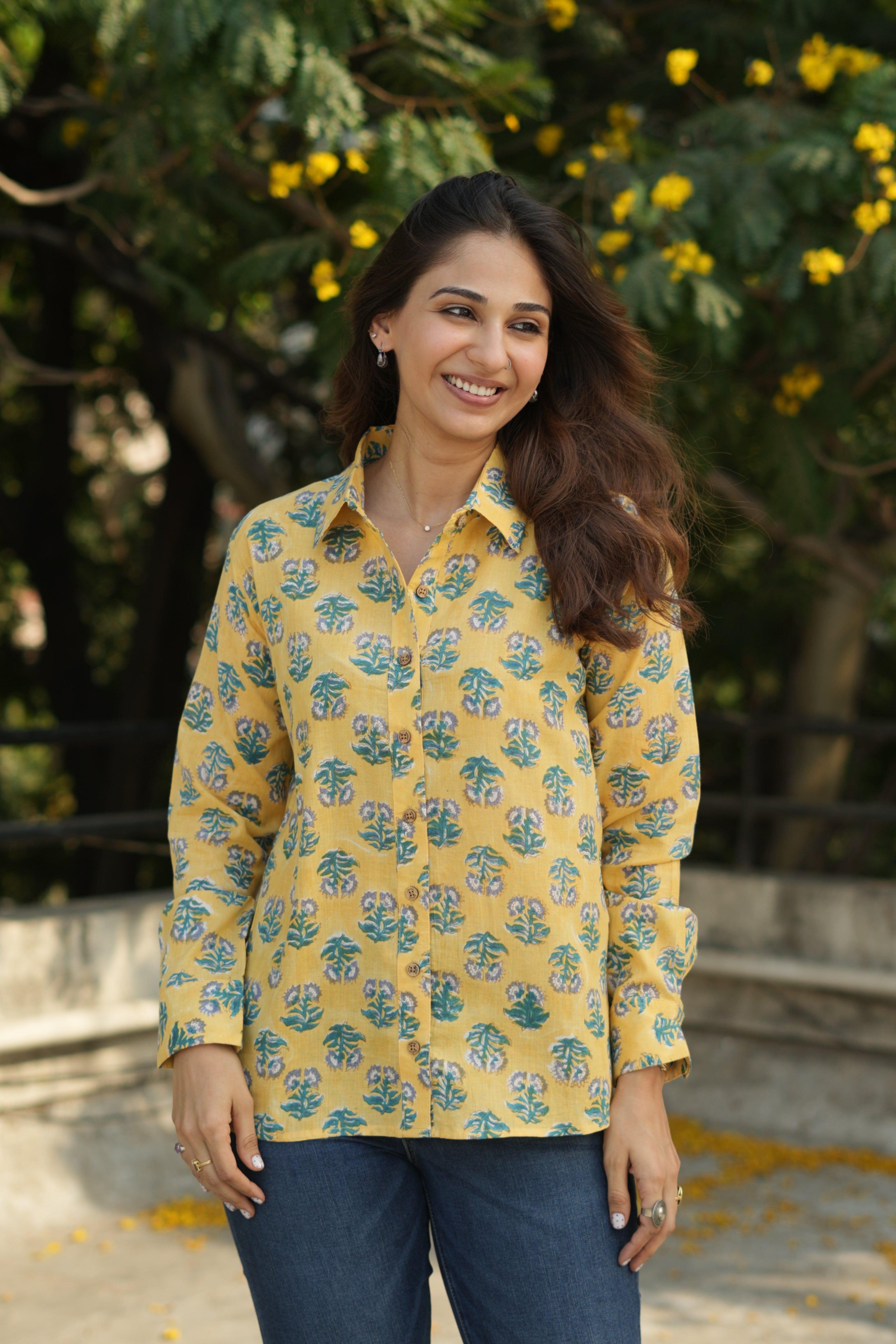Lemon Sanganeri Floral Handblock Cotton Shirt