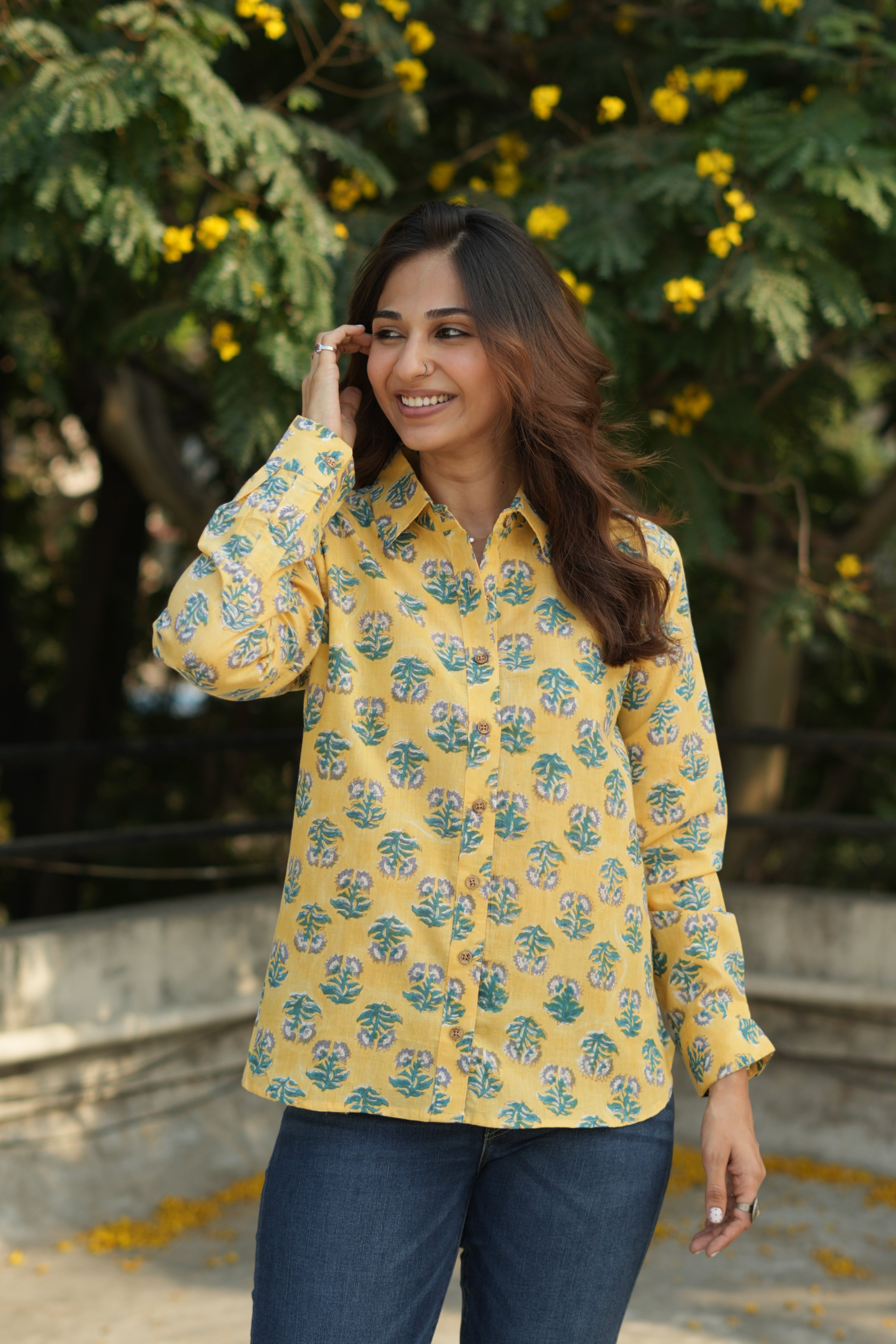 Lemon Sanganeri Floral Handblock Cotton Shirt
