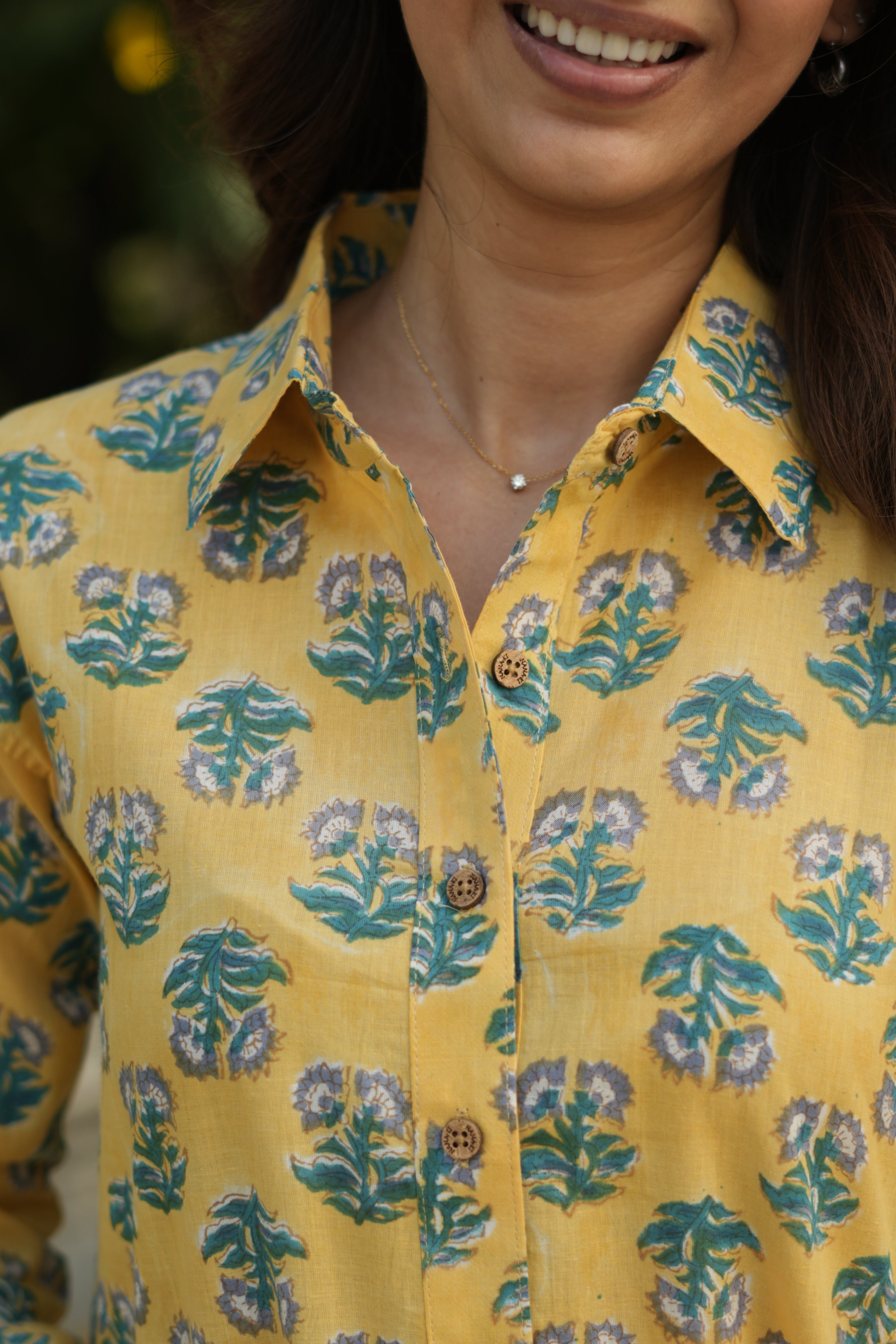 Lemon Sanganeri Floral Handblock Cotton Shirt