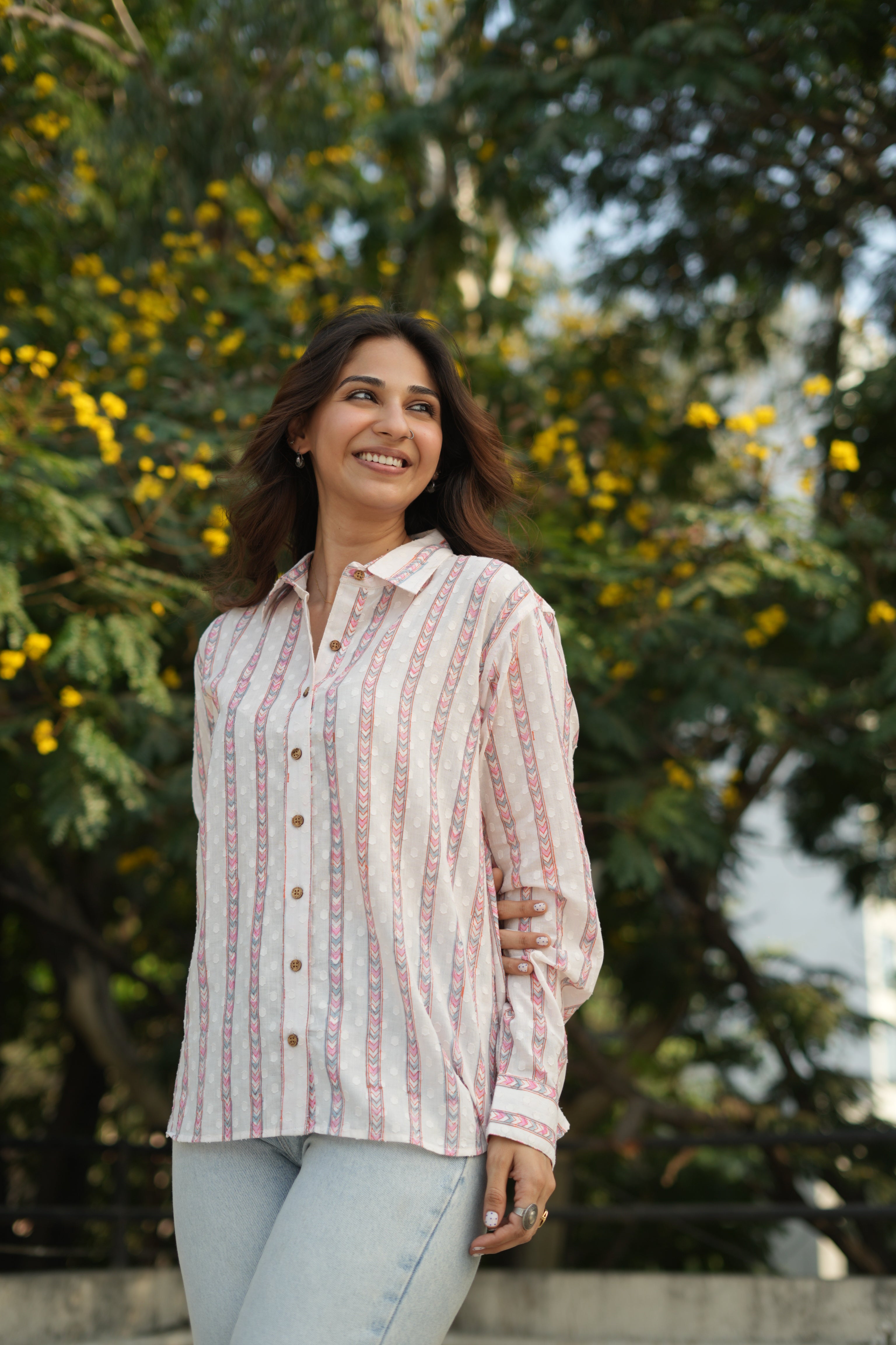 White Pink Stripe Handblock Cotton Dobby Shirt