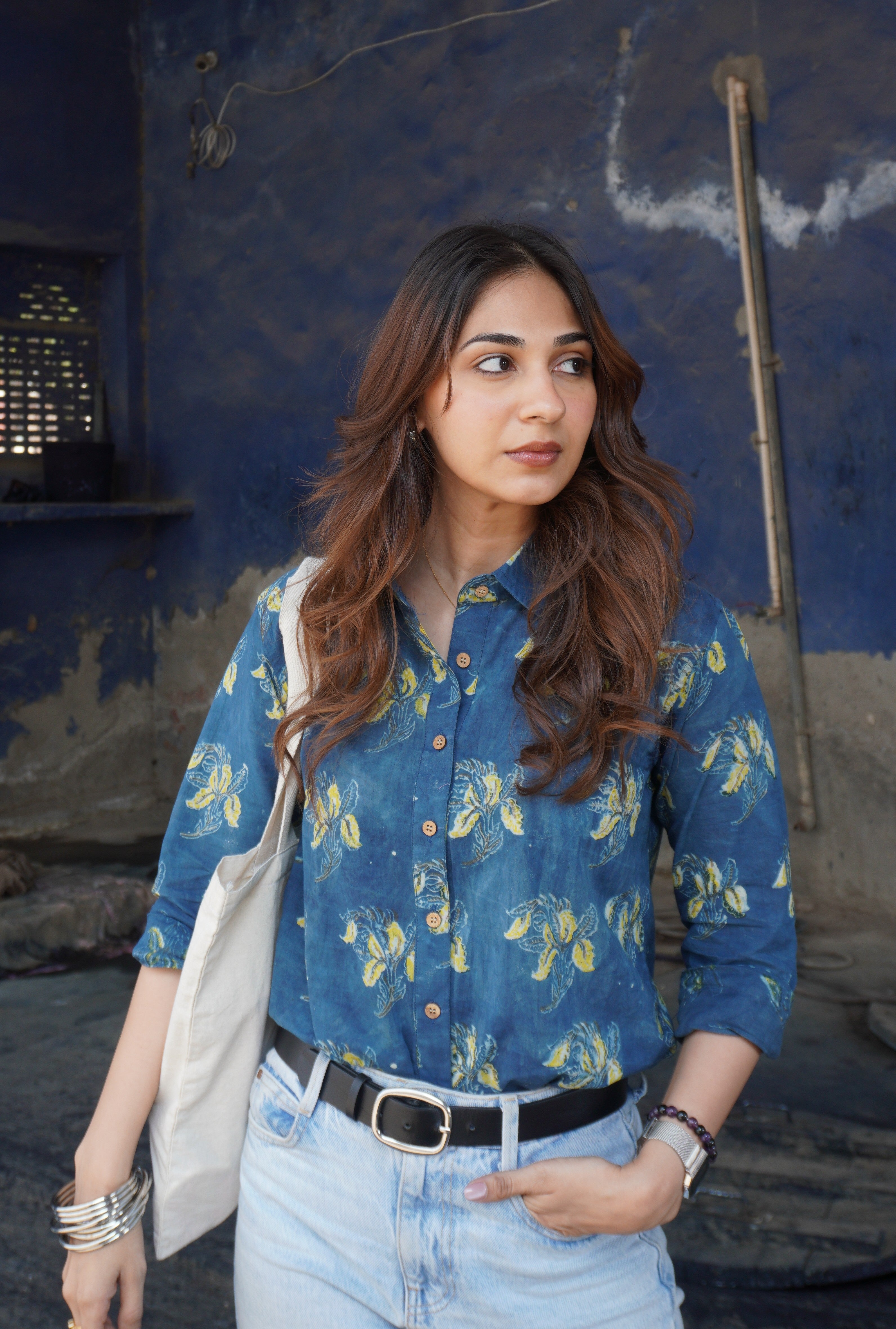 Indigo Bagru Floral Block Print Cotton Shirt
