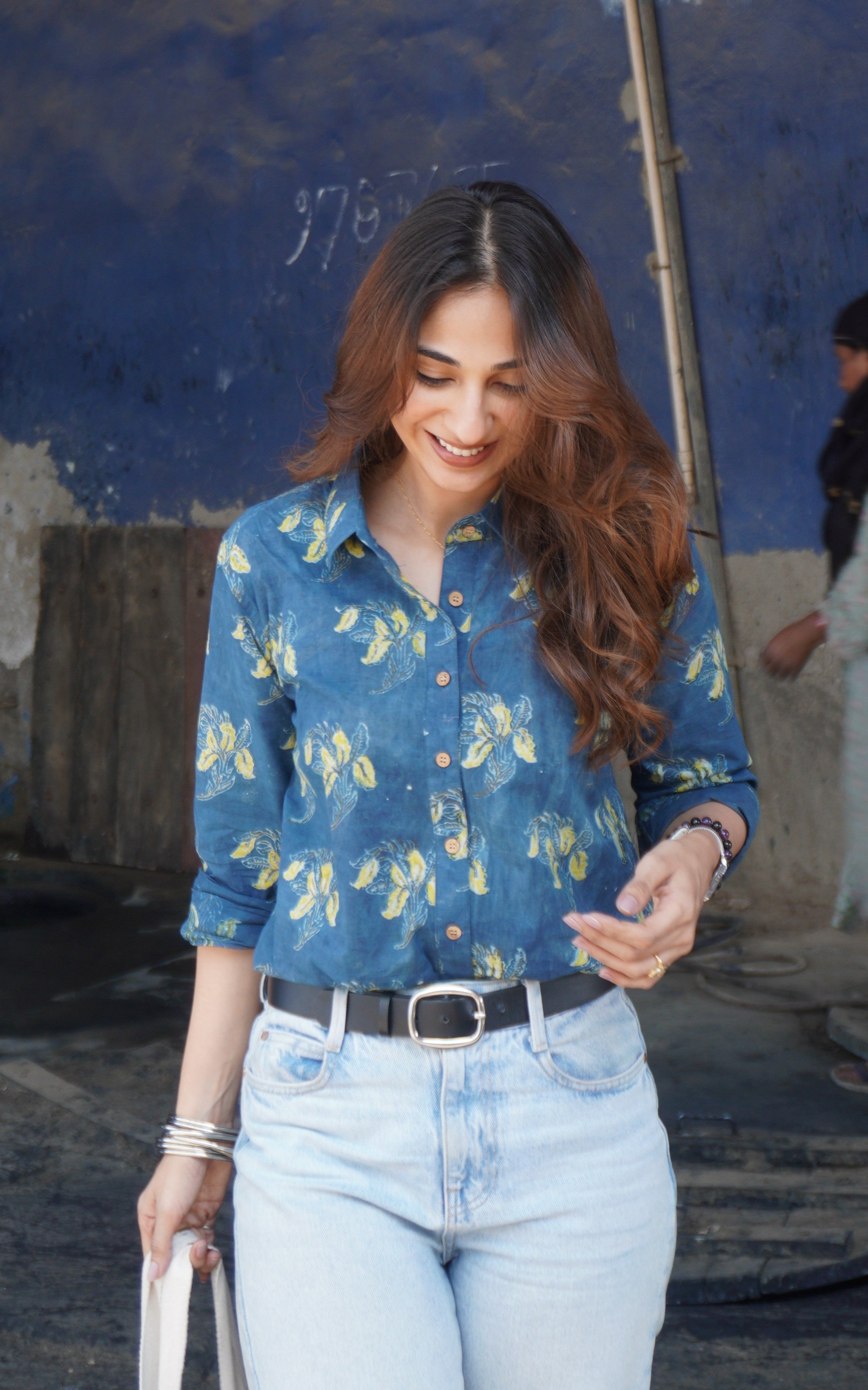 Indigo Bagru Floral Block Print Cotton Shirt