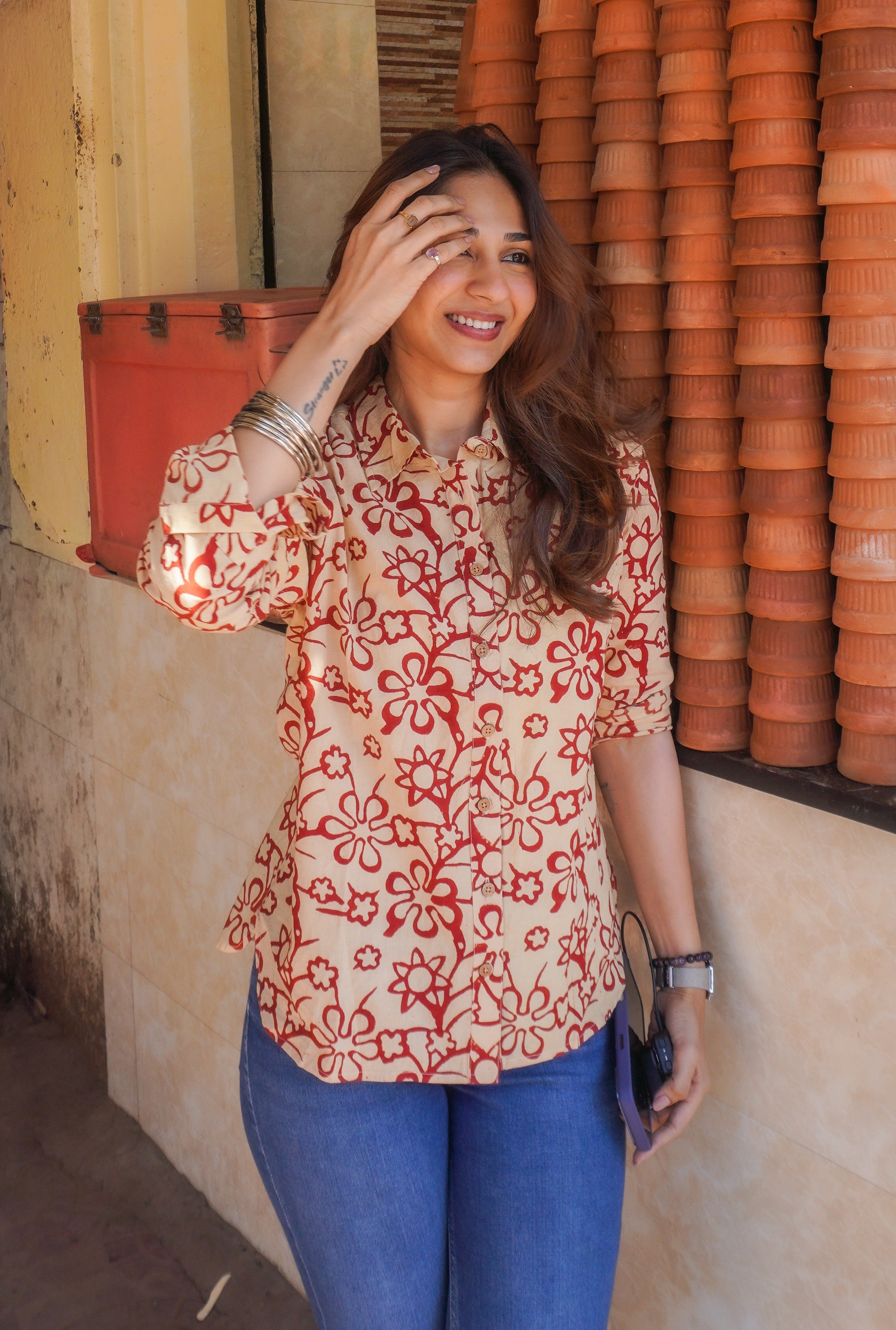 Red Cream Floral Block Print Cotton Shirt