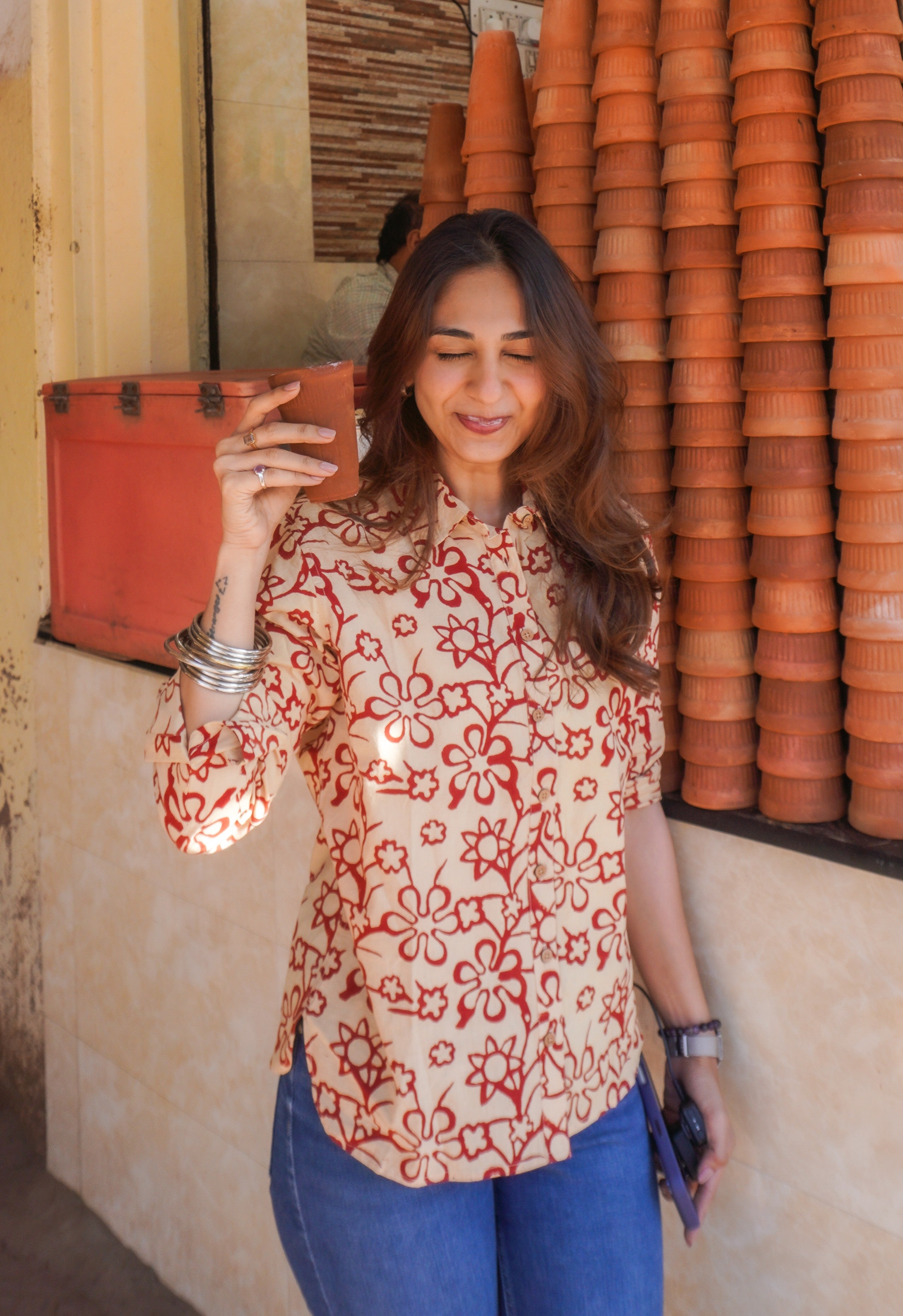 Red Cream Floral Block Print Cotton Shirt