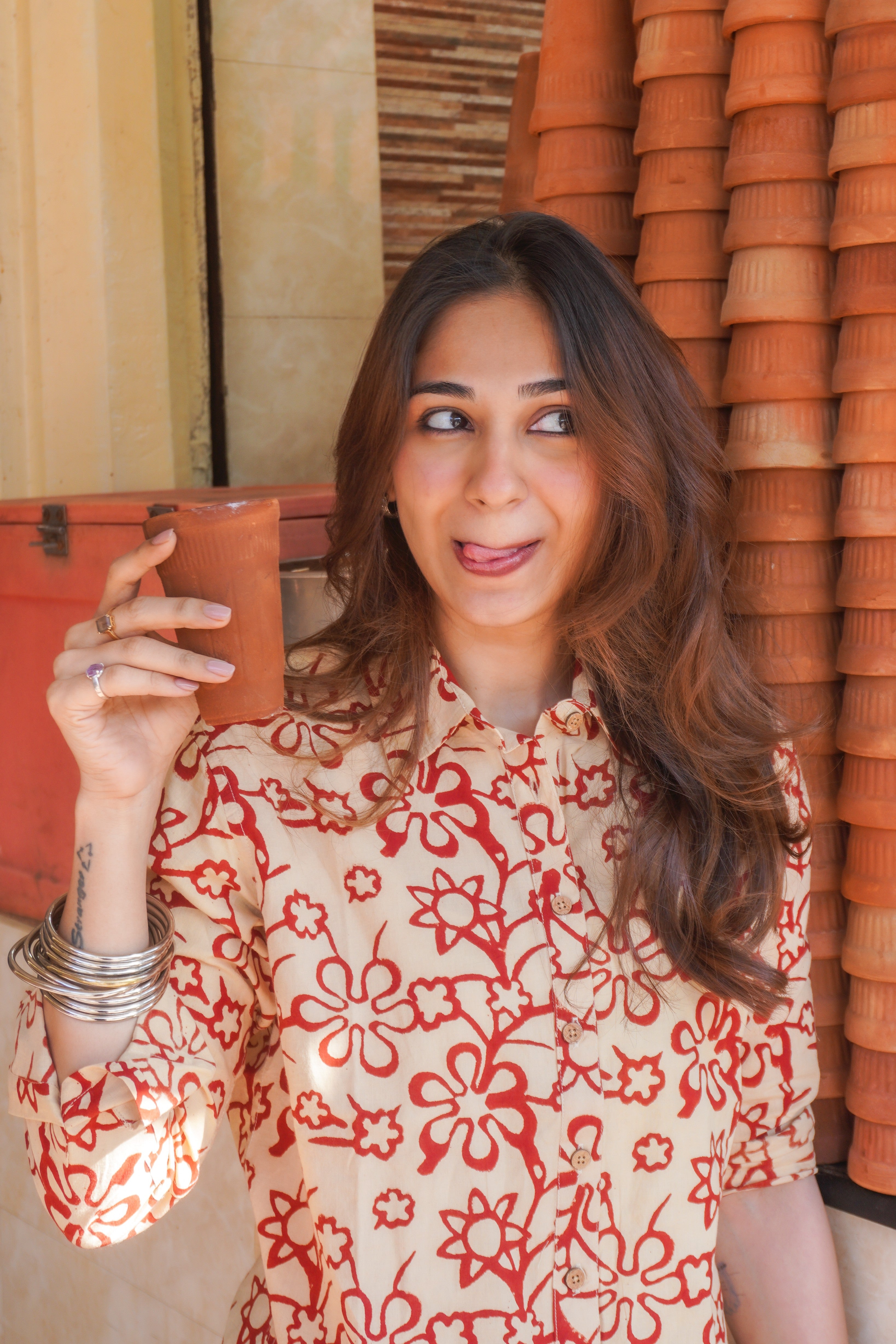 Red Cream Floral Block Print Cotton Shirt