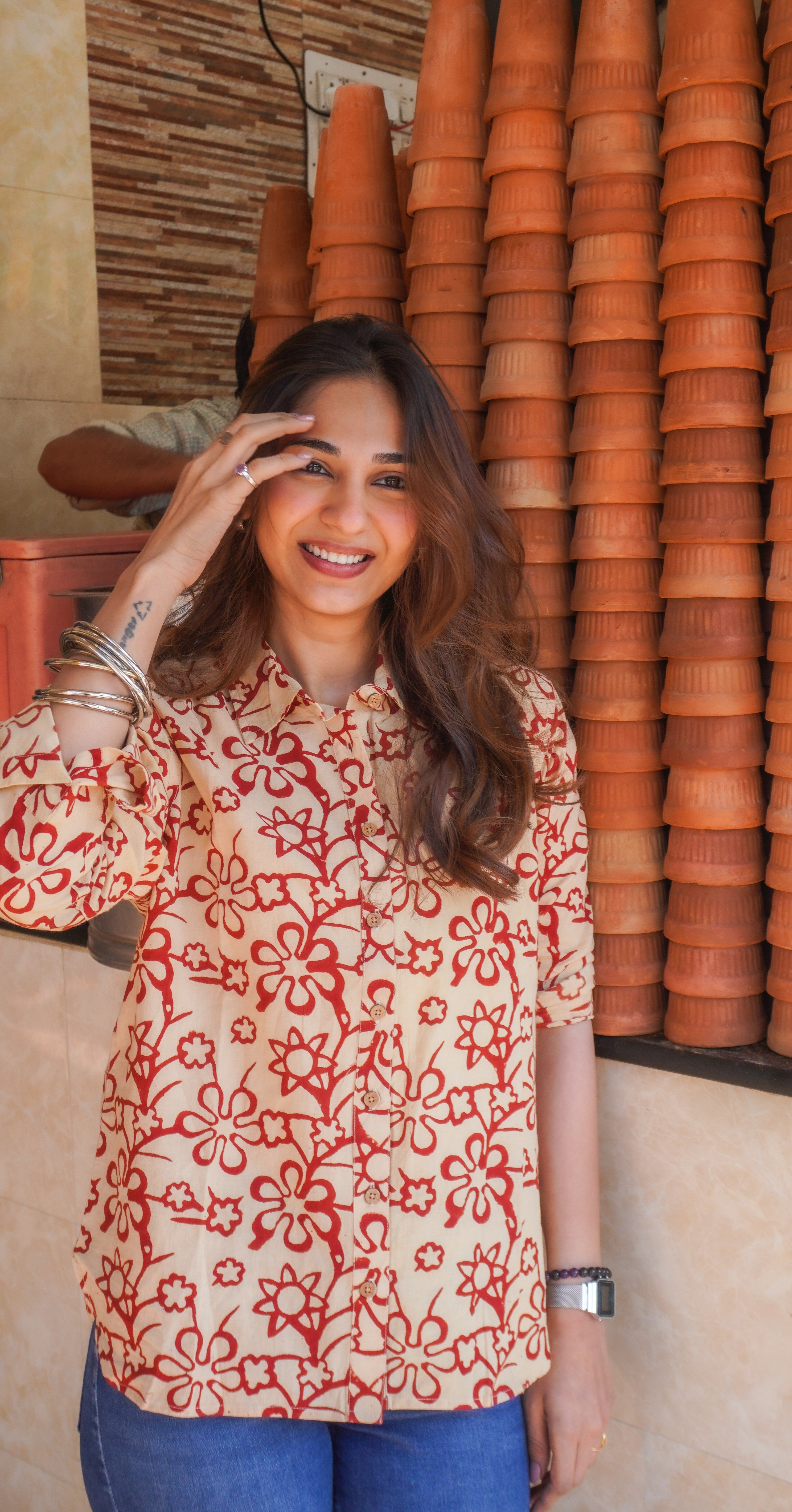 Red Cream Floral Block Print Cotton Shirt