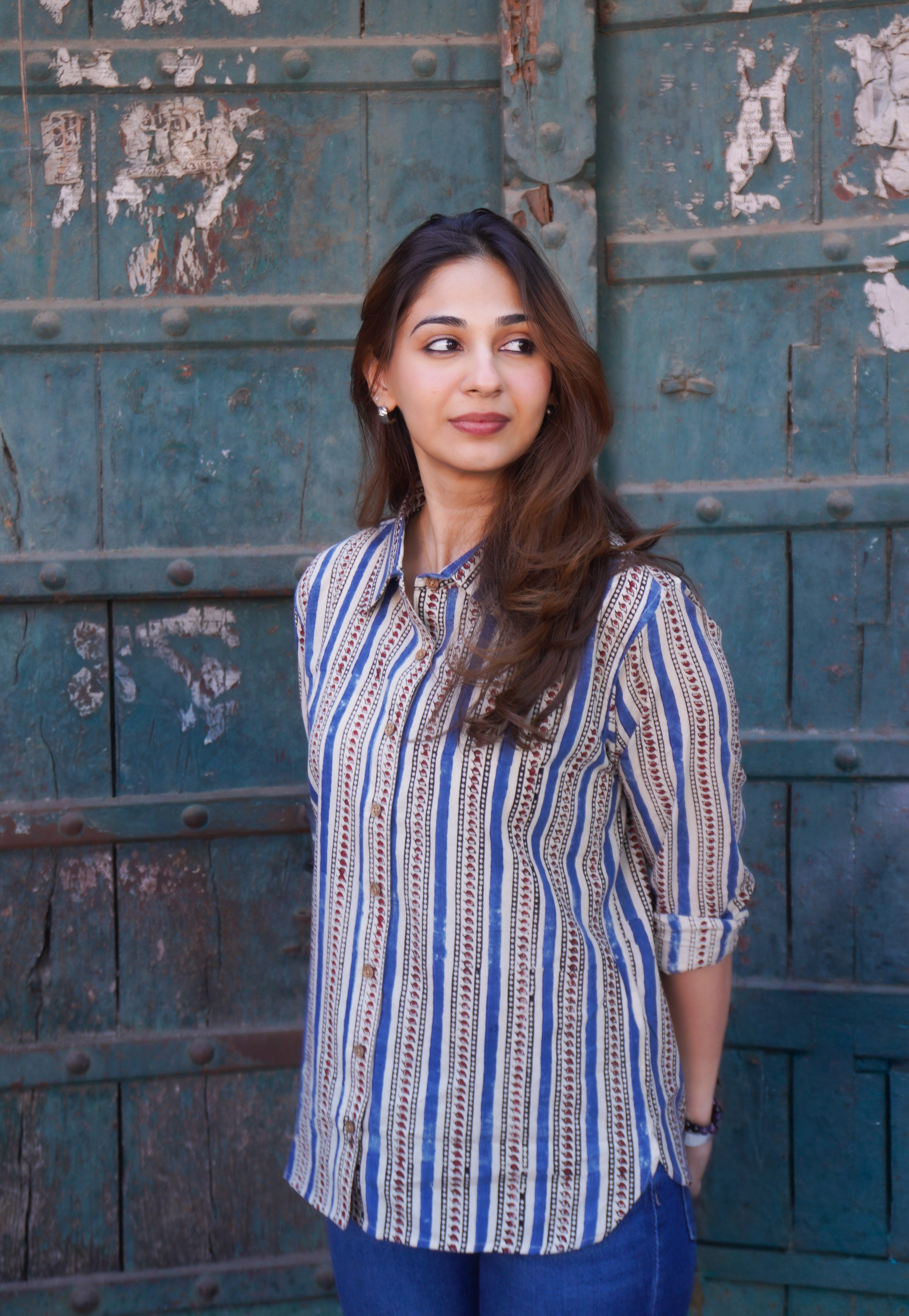 Ajrakh Motif Stripe Handblock Cotton Shirt