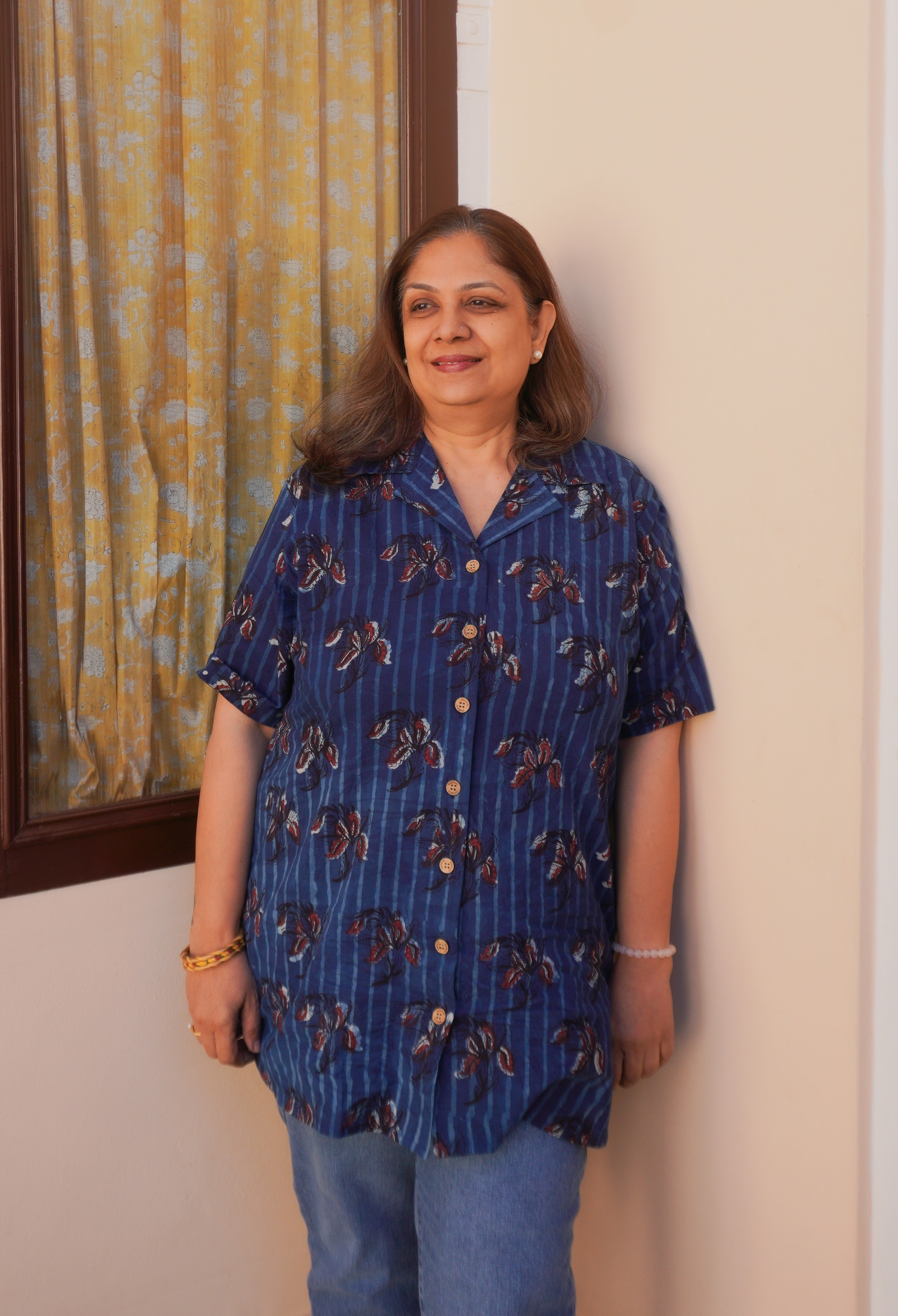 Indigo Red Bagru Floral Handblock Cotton Shirt Kurti
