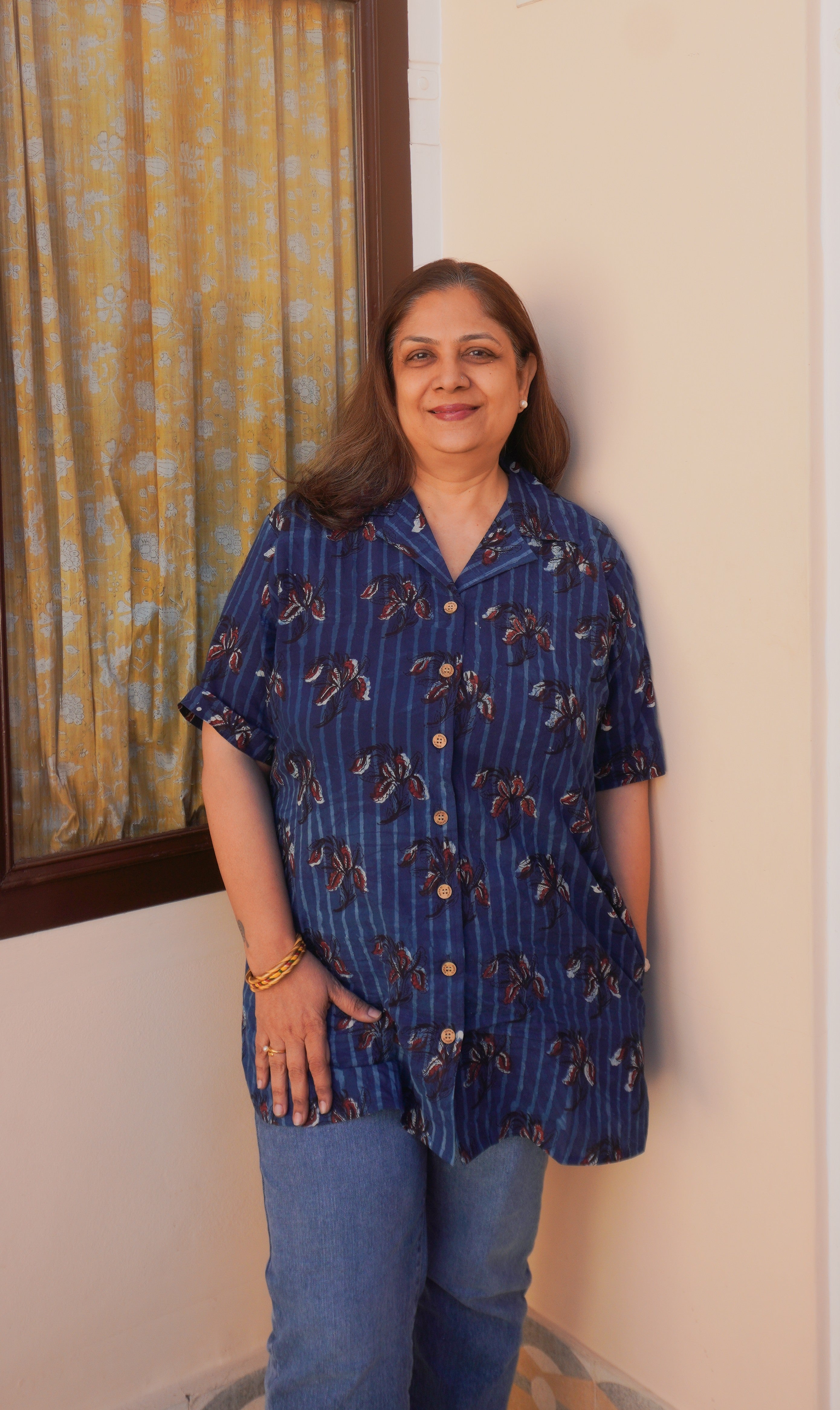 Indigo Red Bagru Floral Handblock Cotton Shirt Kurti
