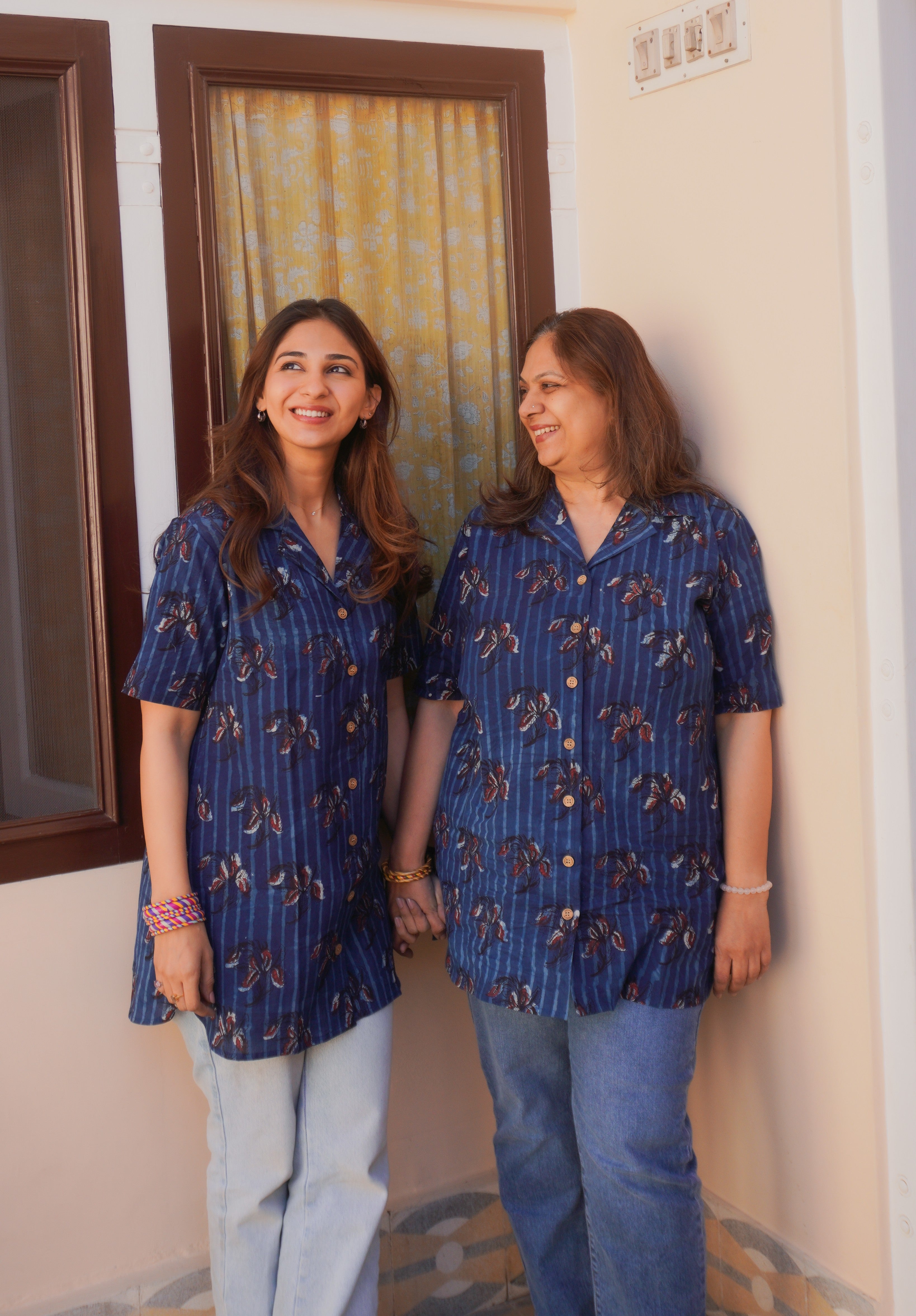 Indigo Red Bagru Floral Handblock Cotton Shirt Kurti