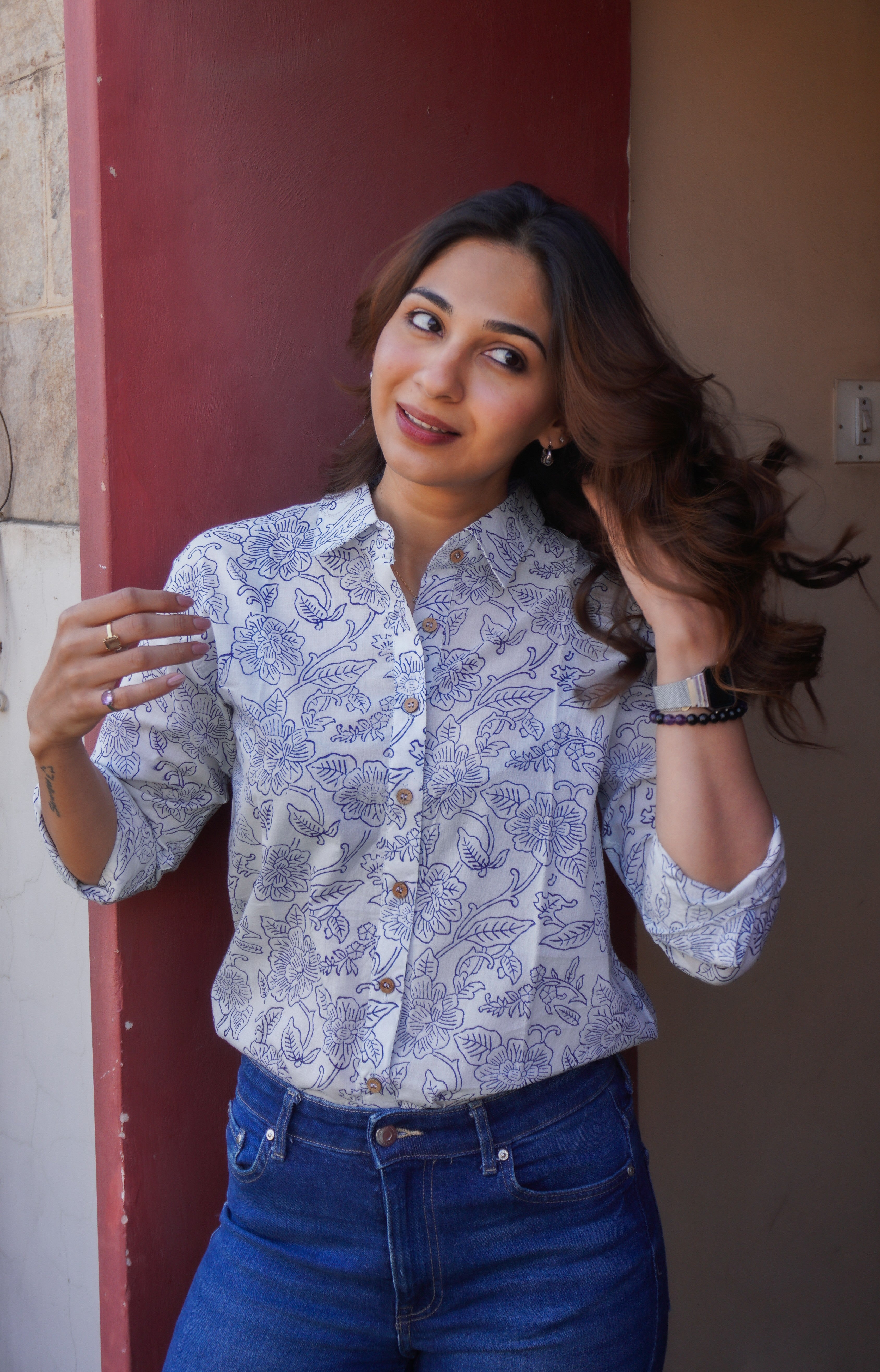 Indigo Floral Block Print Cotton Shirt