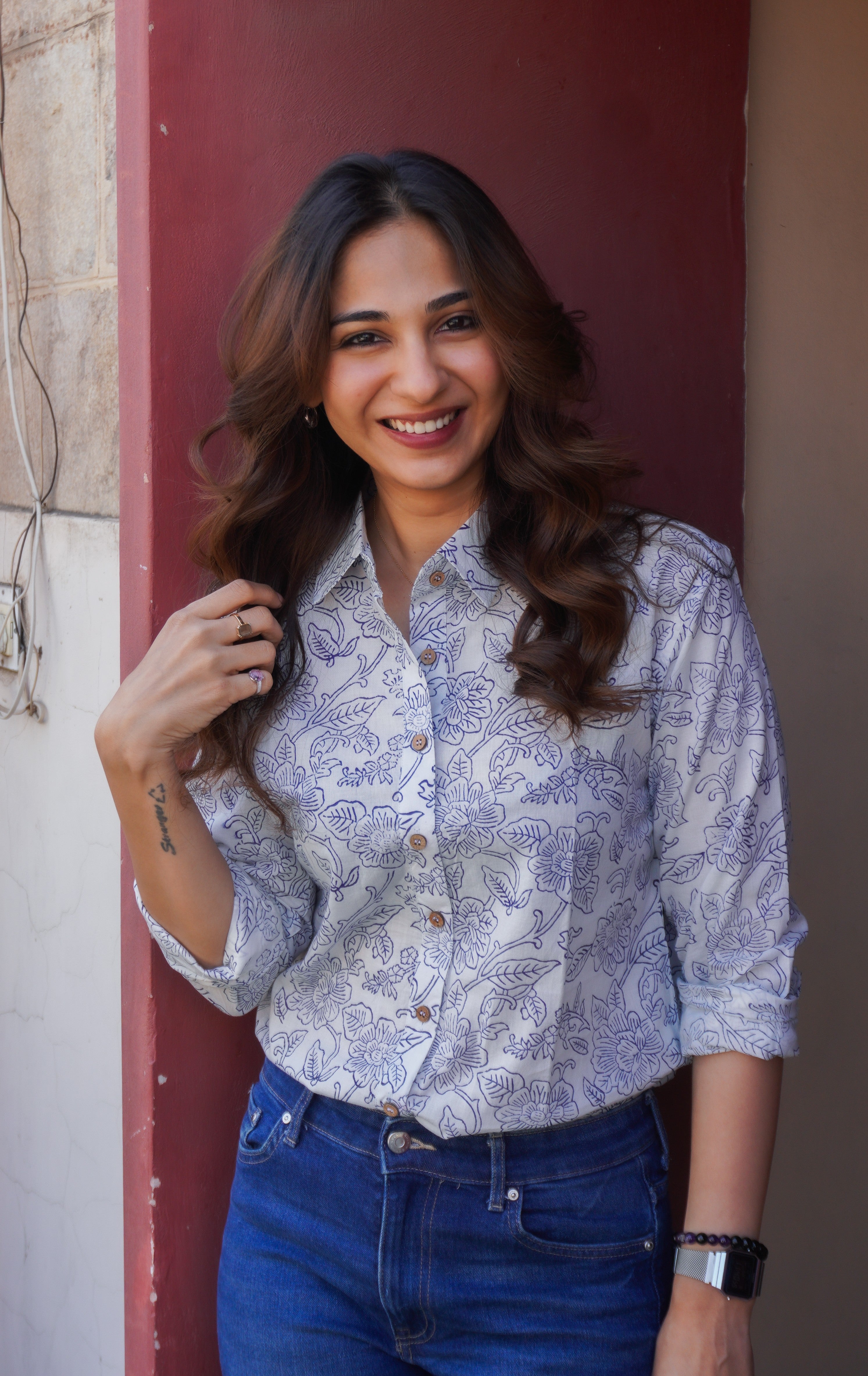 Indigo Floral Block Print Cotton Shirt