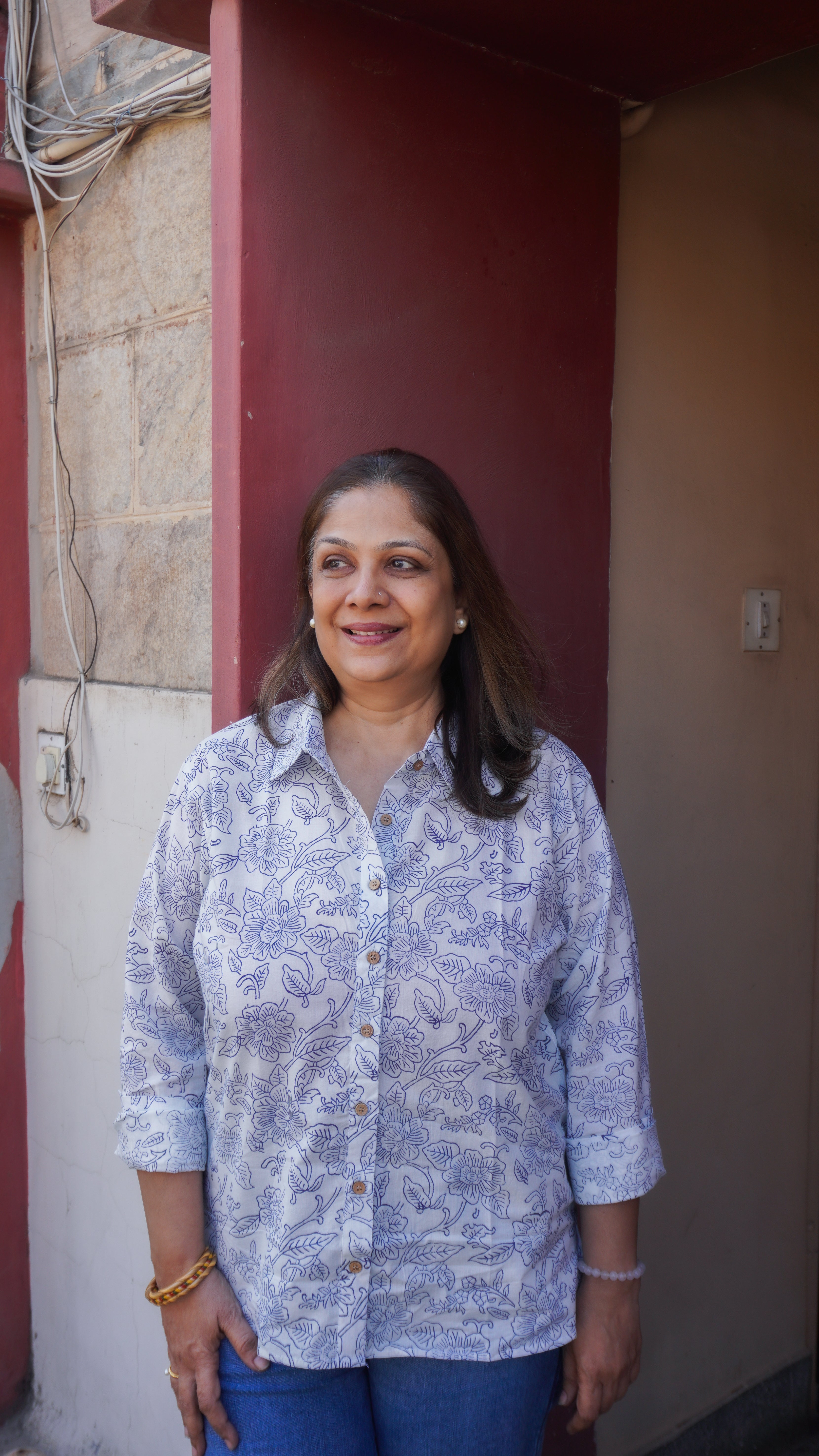 Indigo Floral Block Print Cotton Shirt